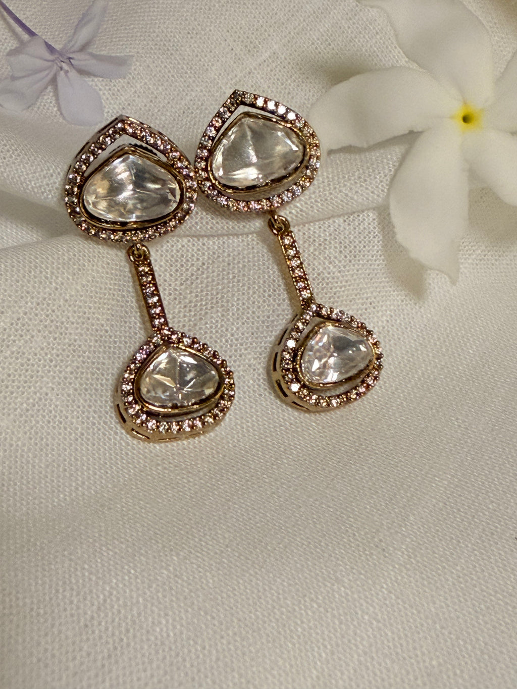 Teardrop Polki Stone Drop Earrings – Available in Rose Gold & Antique Gold Finish - Antique (1)