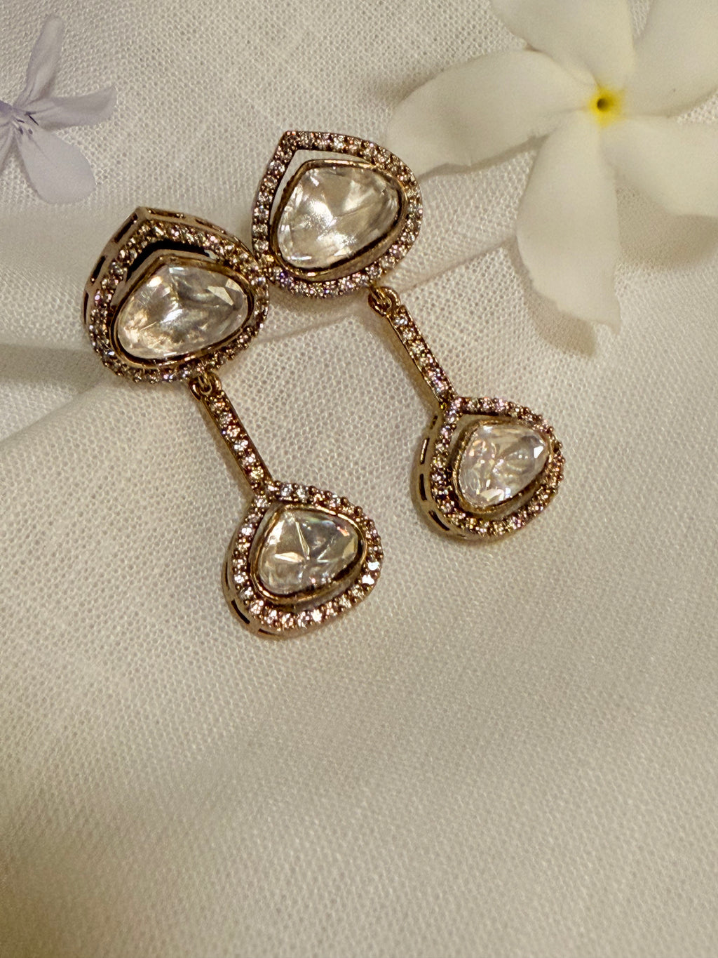 Teardrop Polki Stone Drop Earrings – Available in Rose Gold & Antique Gold Finish - Antique (2)