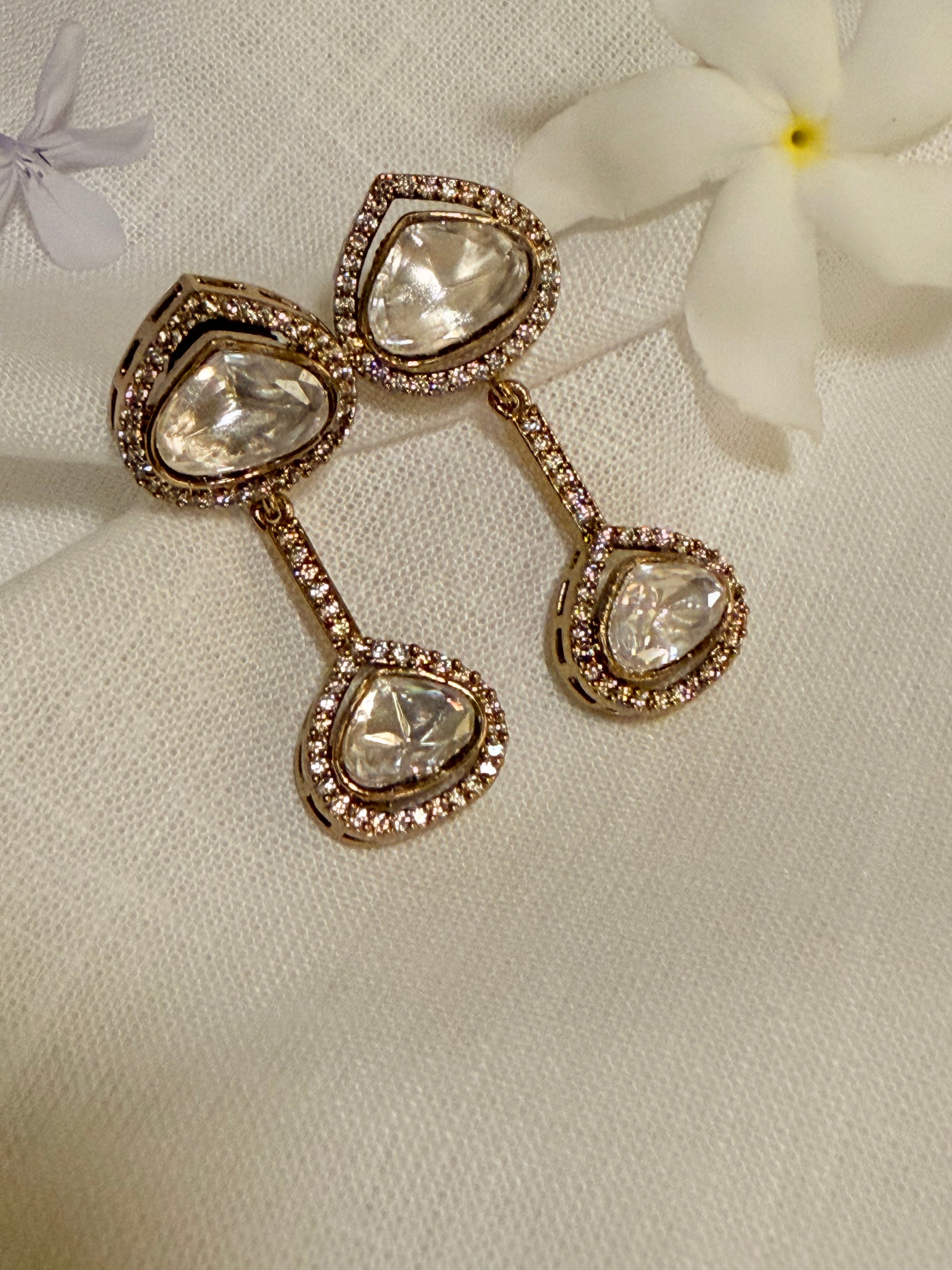 Teardrop Polki Stone Drop Earrings – Available in Rose Gold & Antique Gold Finish - Antique (2)
