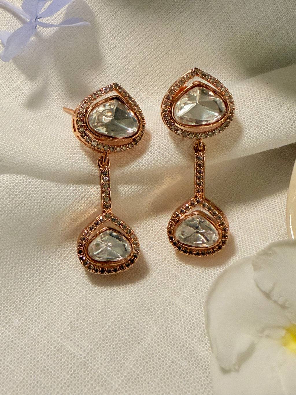 Teardrop Polki Stone Drop Earrings – Available in Rose Gold & Antique Gold Finish - Rose (2)