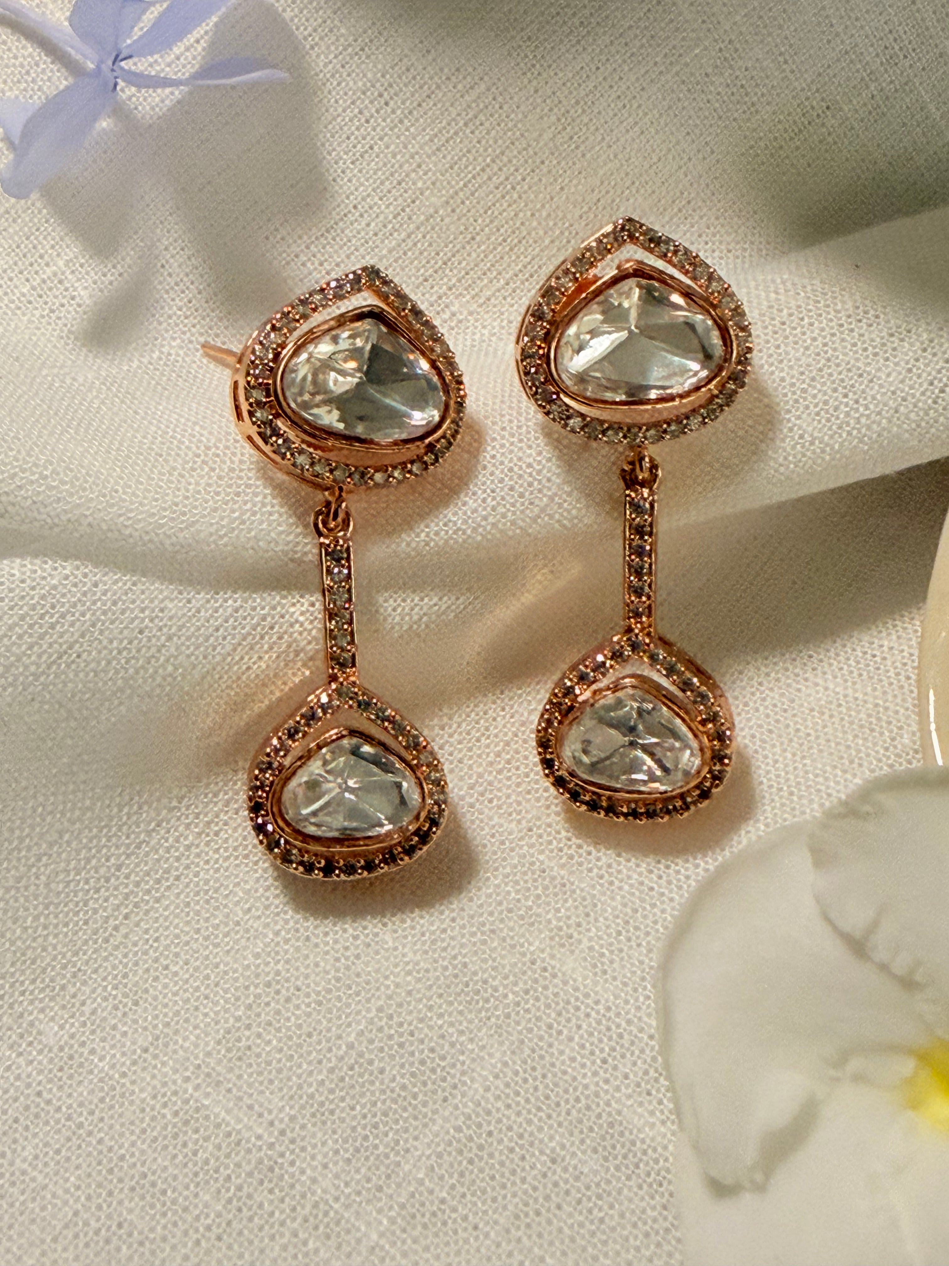 Teardrop Polki Stone Drop Earrings – Available in Rose Gold & Antique Gold Finish - Rose (2)