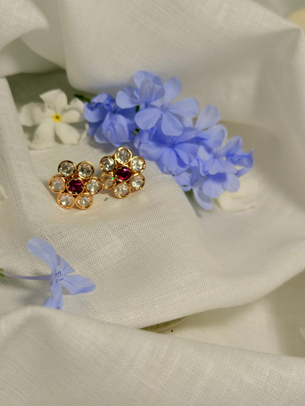 Pushpa Polki Floral Stud Earrings – Rose Gold Finish with Ruby & Classic Polki Options - Ruby (1)