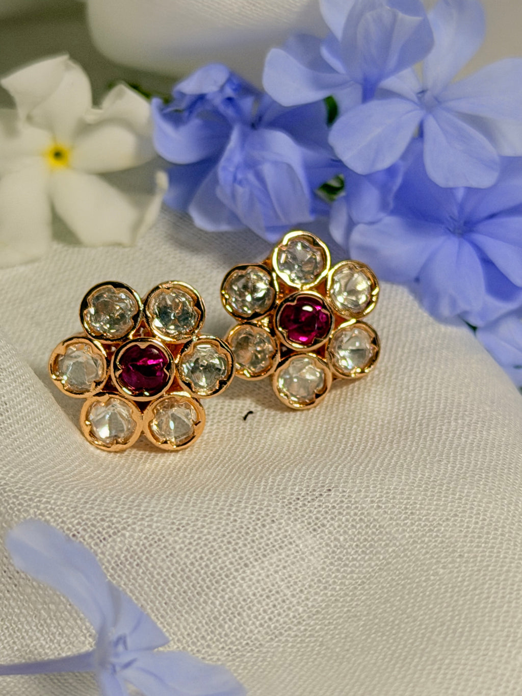 Pushpa Polki Floral Stud Earrings – Rose Gold Finish with Ruby & Classic Polki Options - Ruby (2)