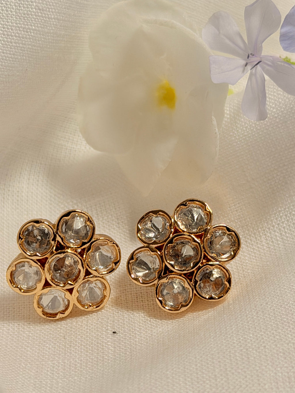 Pushpa Polki Floral Stud Earrings – Rose Gold Finish with Ruby & Classic Polki Options - White (1)
