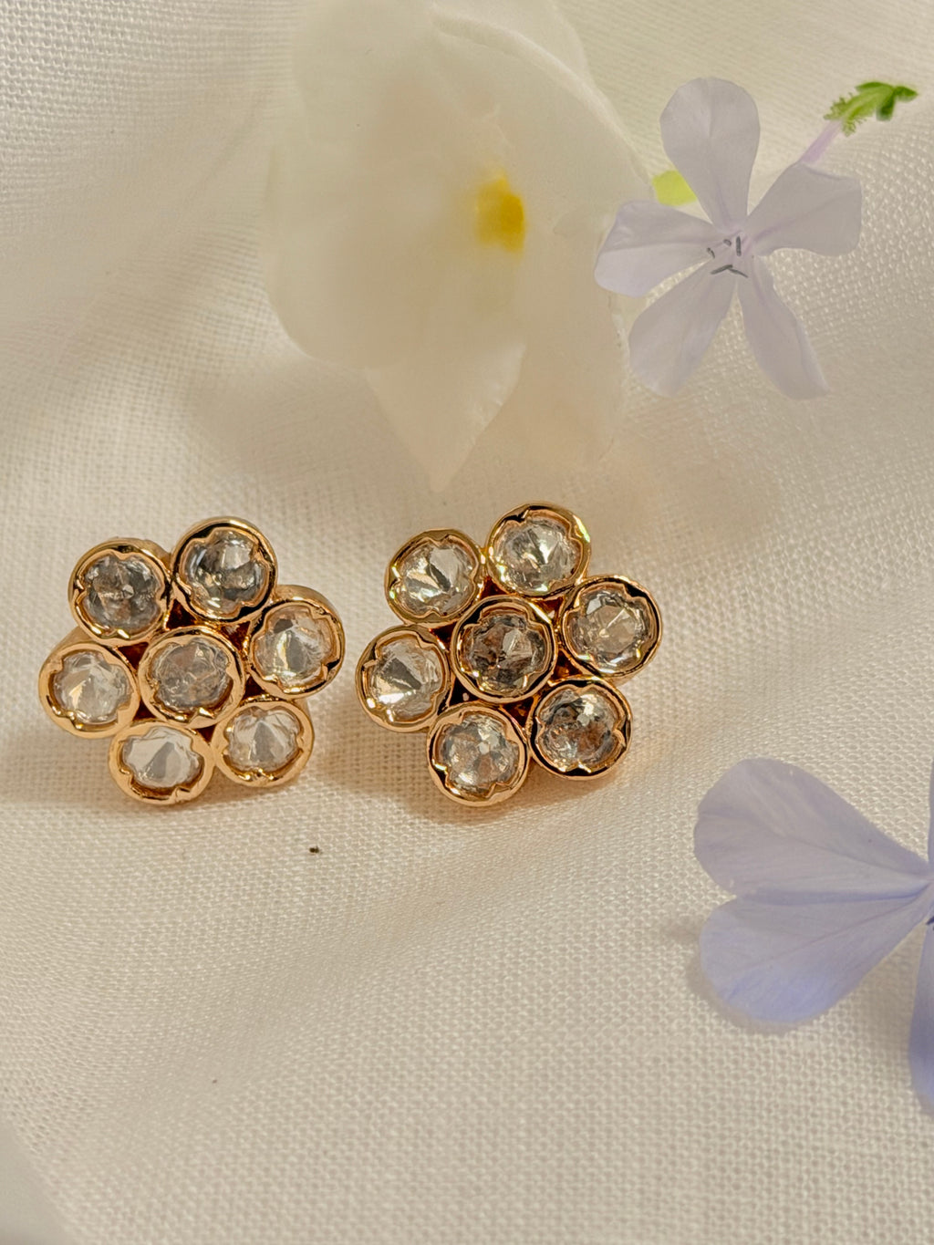 Pushpa Polki Floral Stud Earrings – Rose Gold Finish with Ruby & Classic Polki Options - White (2)