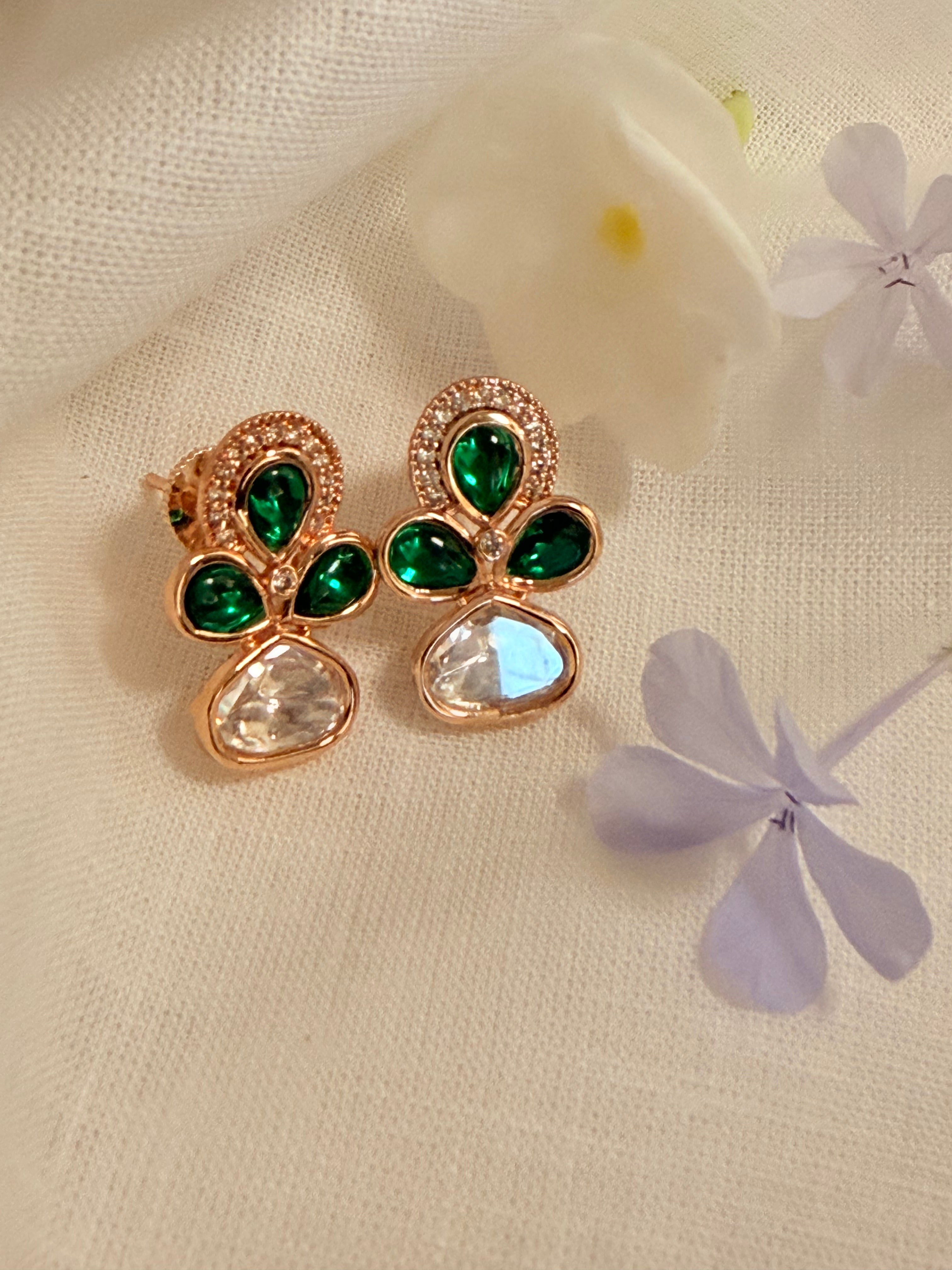 Lotus Petal Polki Stud Earrings – Rose Gold Finish with Colour Stone Options - Emerald (1)