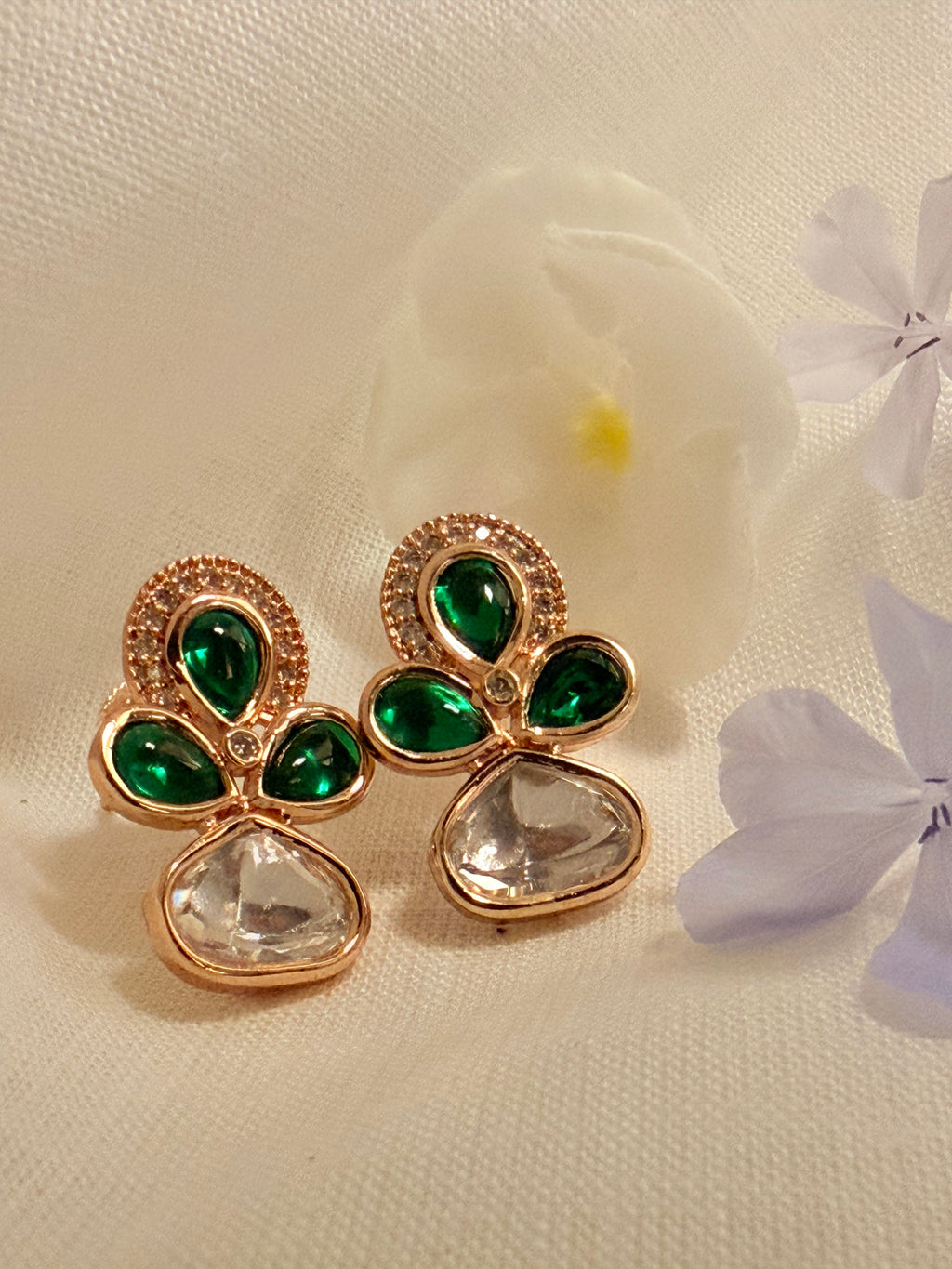 Lotus Petal Polki Stud Earrings – Rose Gold Finish with Colour Stone Options - Emerald (2)