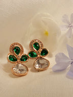 Lotus Petal Polki Stud Earrings – Rose Gold Finish with Colour Stone Options - Emerald (2)