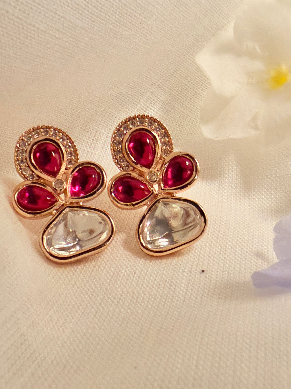 Lotus Petal Polki Stud Earrings – Rose Gold Finish with Colour Stone Options - Ruby (1)