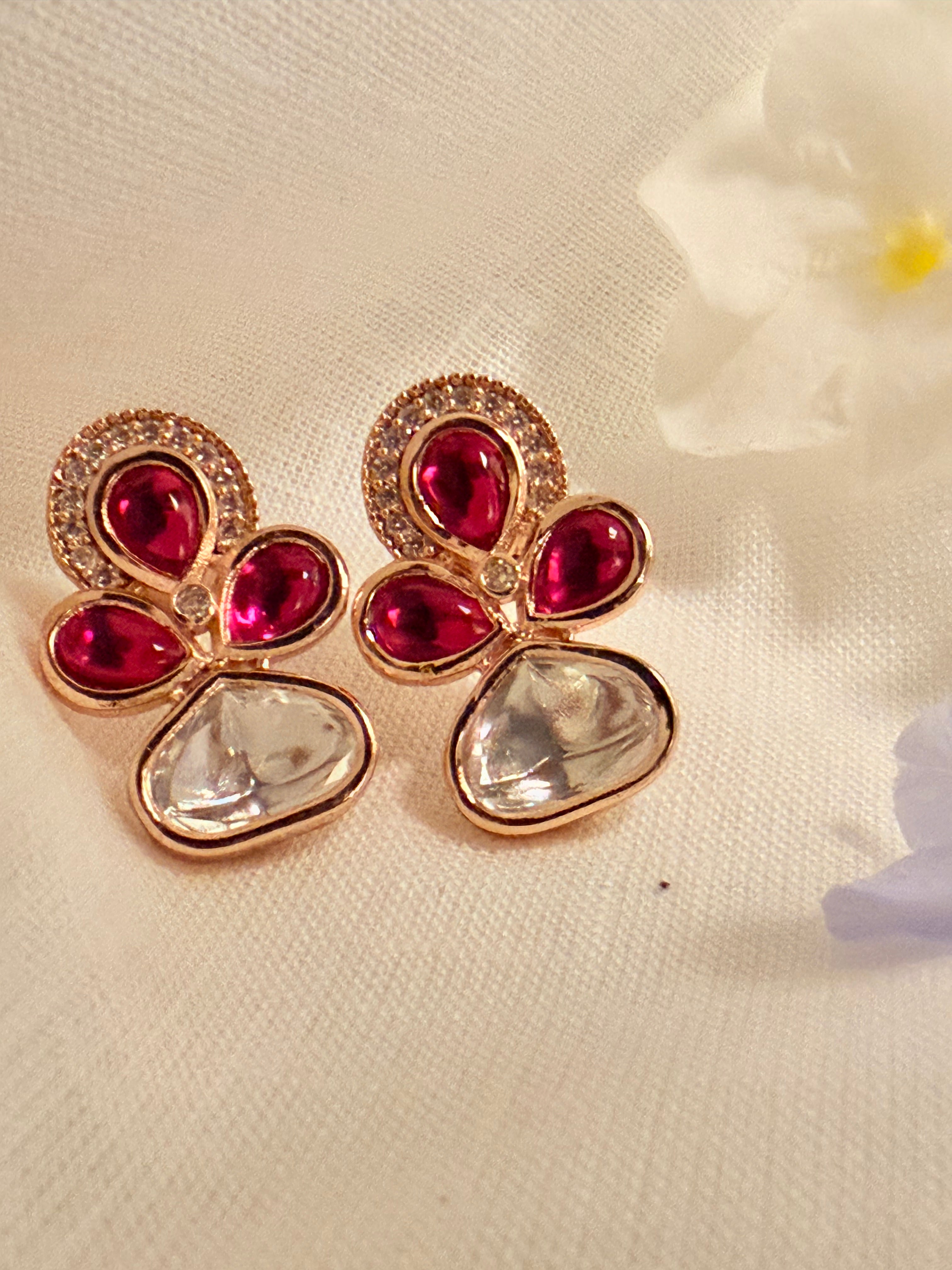 Lotus Petal Polki Stud Earrings – Rose Gold Finish with Colour Stone Options - Ruby (1)