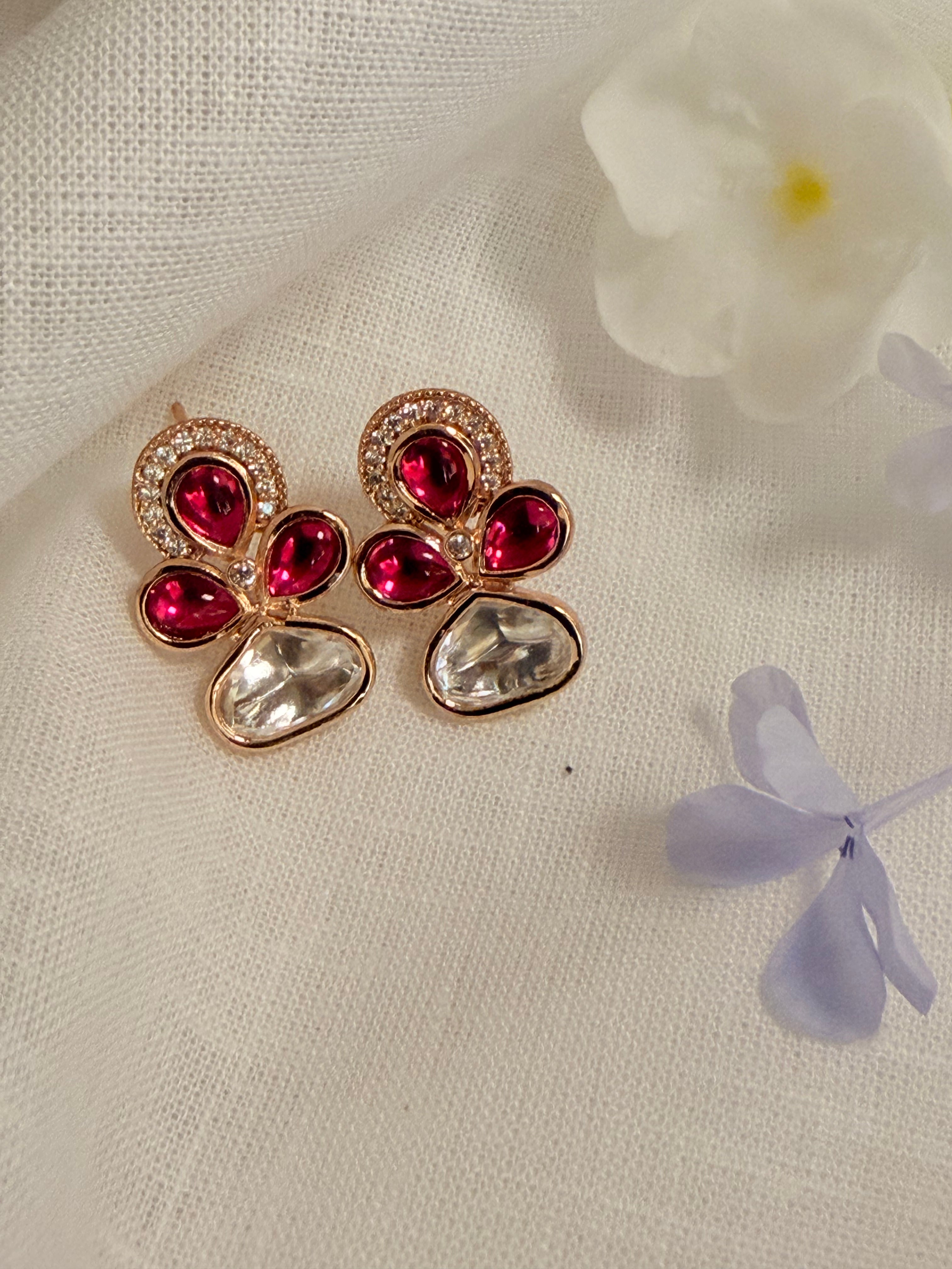 Lotus Petal Polki Stud Earrings – Rose Gold Finish with Colour Stone Options - Ruby (2)