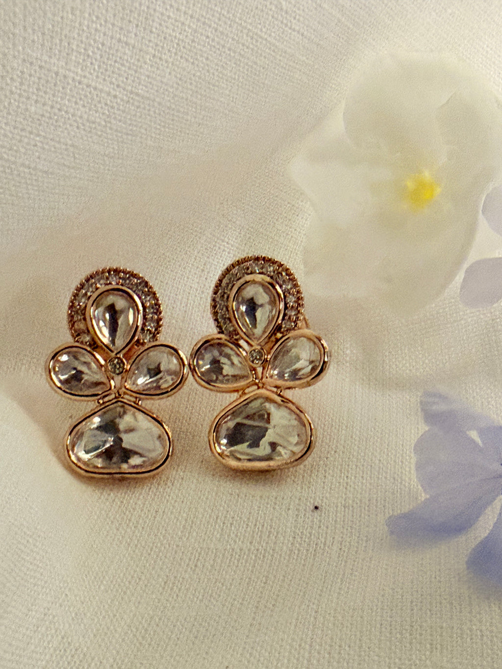 Lotus Petal Polki Stud Earrings – Rose Gold Finish with Colour Stone Options - White (1)