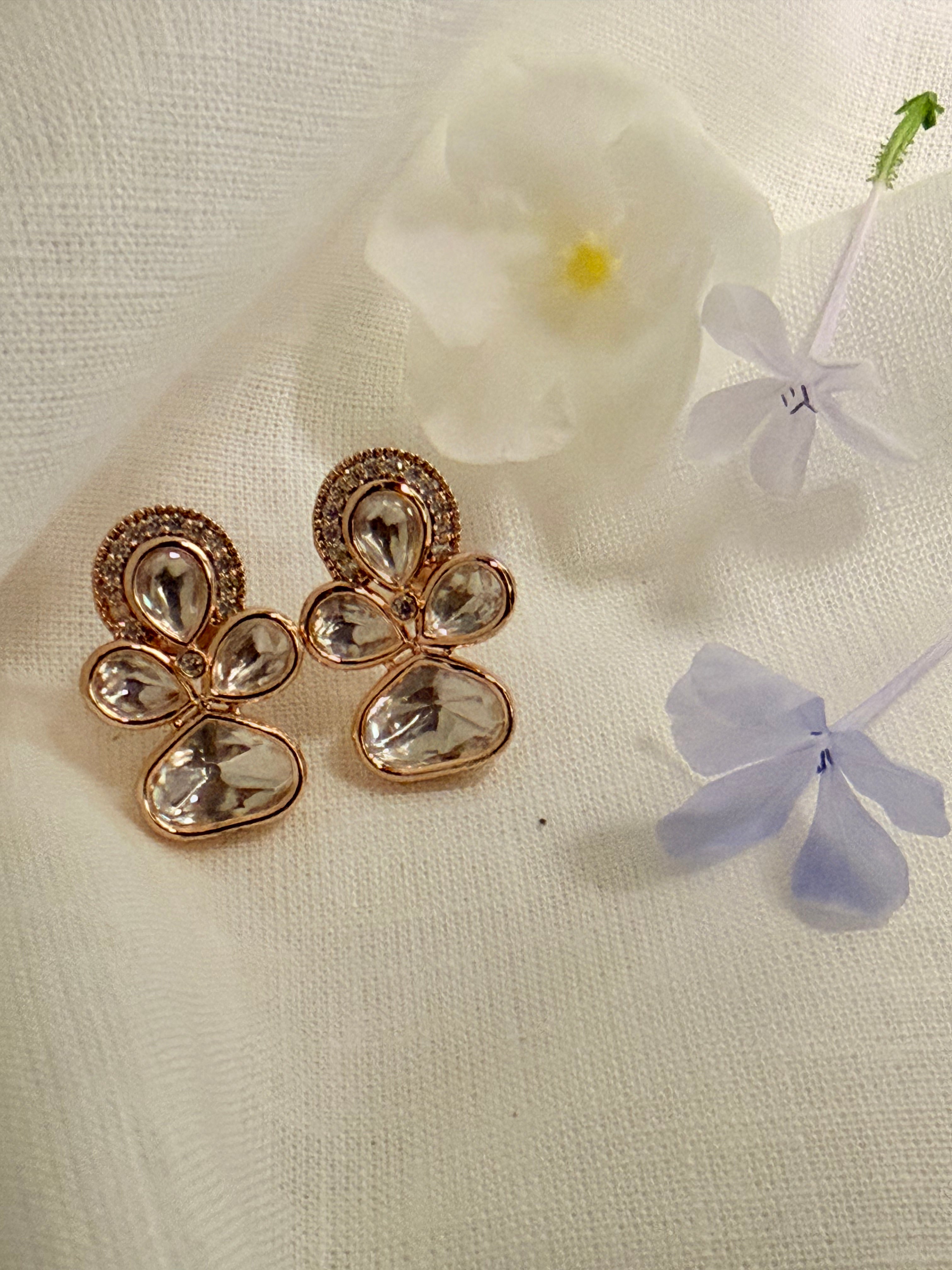 Lotus Petal Polki Stud Earrings – Rose Gold Finish with Colour Stone Options - White (2)