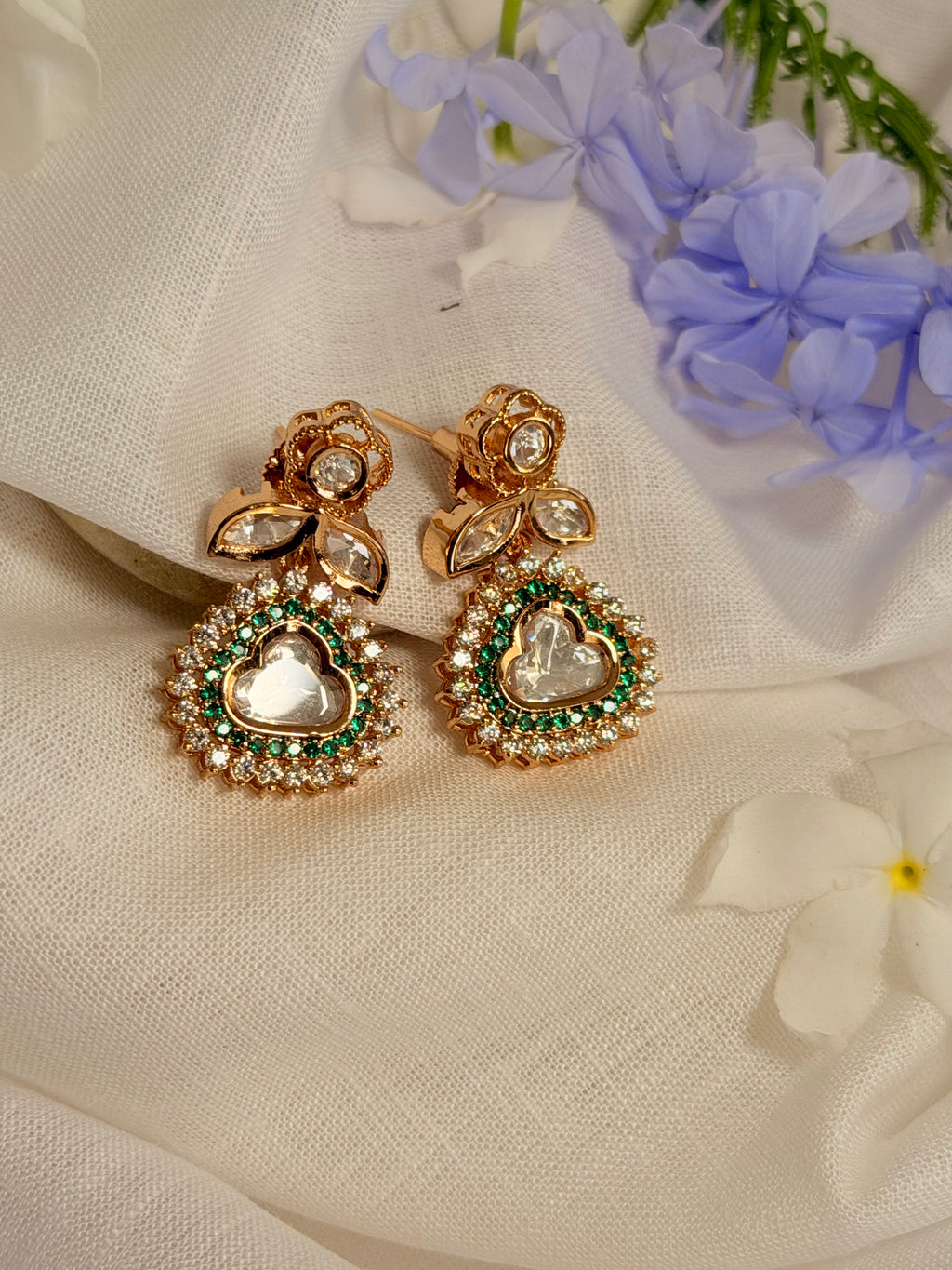 Hridaya Polki Drop Earrings – Rose Gold Finish with Ruby, Emerald & Classic Stone Options - Emerald (1)