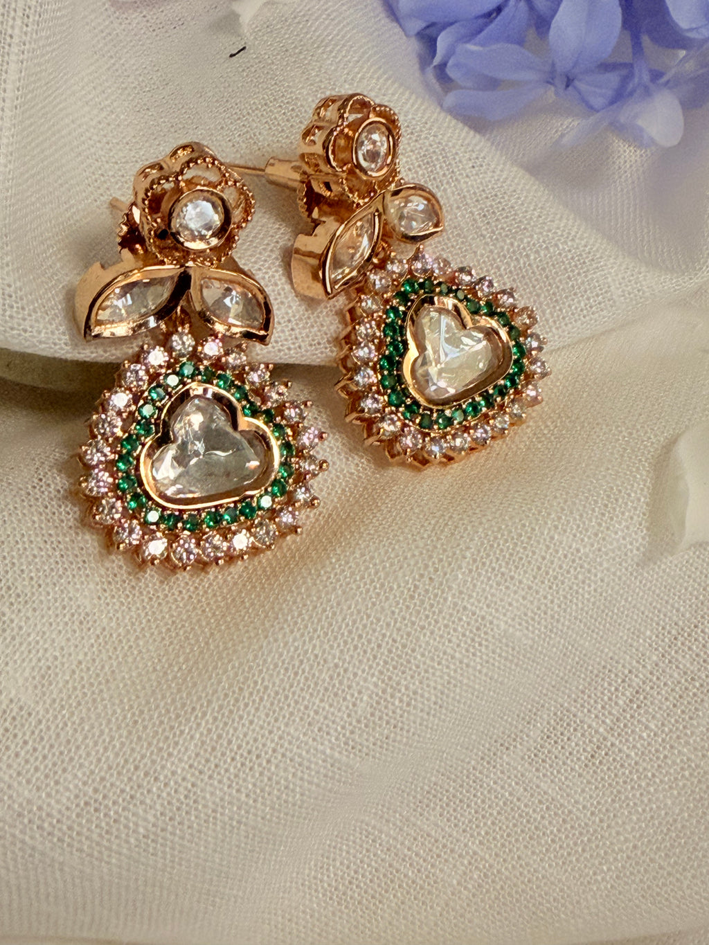 Hridaya Polki Drop Earrings – Rose Gold Finish with Ruby, Emerald & Classic Stone Options - Emerald (2)