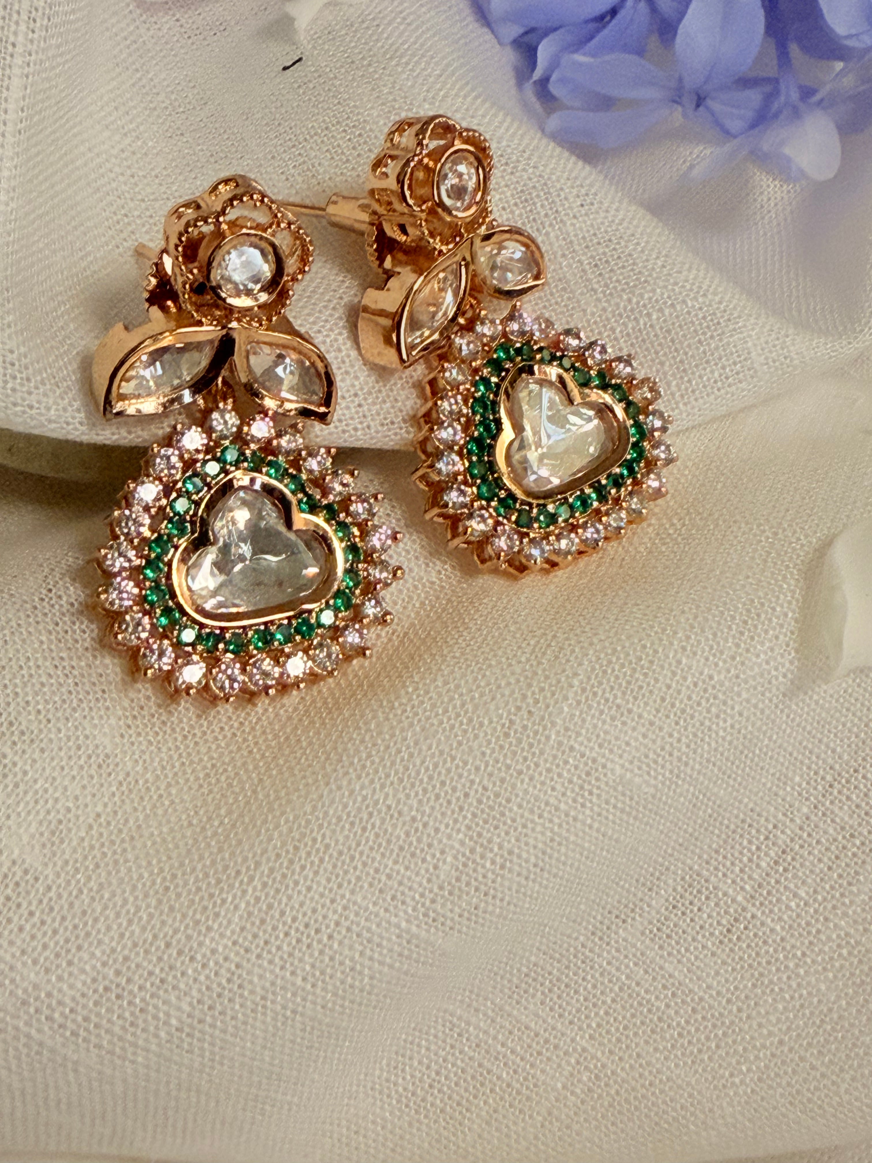 Hridaya Polki Drop Earrings – Rose Gold Finish with Ruby, Emerald & Classic Stone Options - Emerald (2)