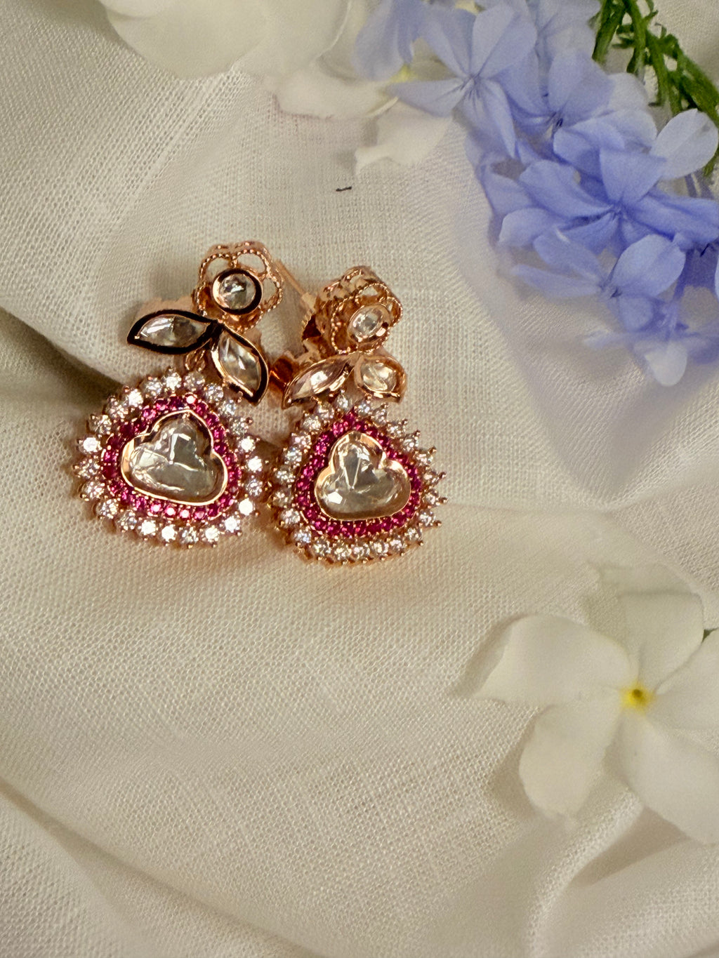 Hridaya Polki Drop Earrings – Rose Gold Finish with Ruby, Emerald & Classic Stone Options - Ruby (1)