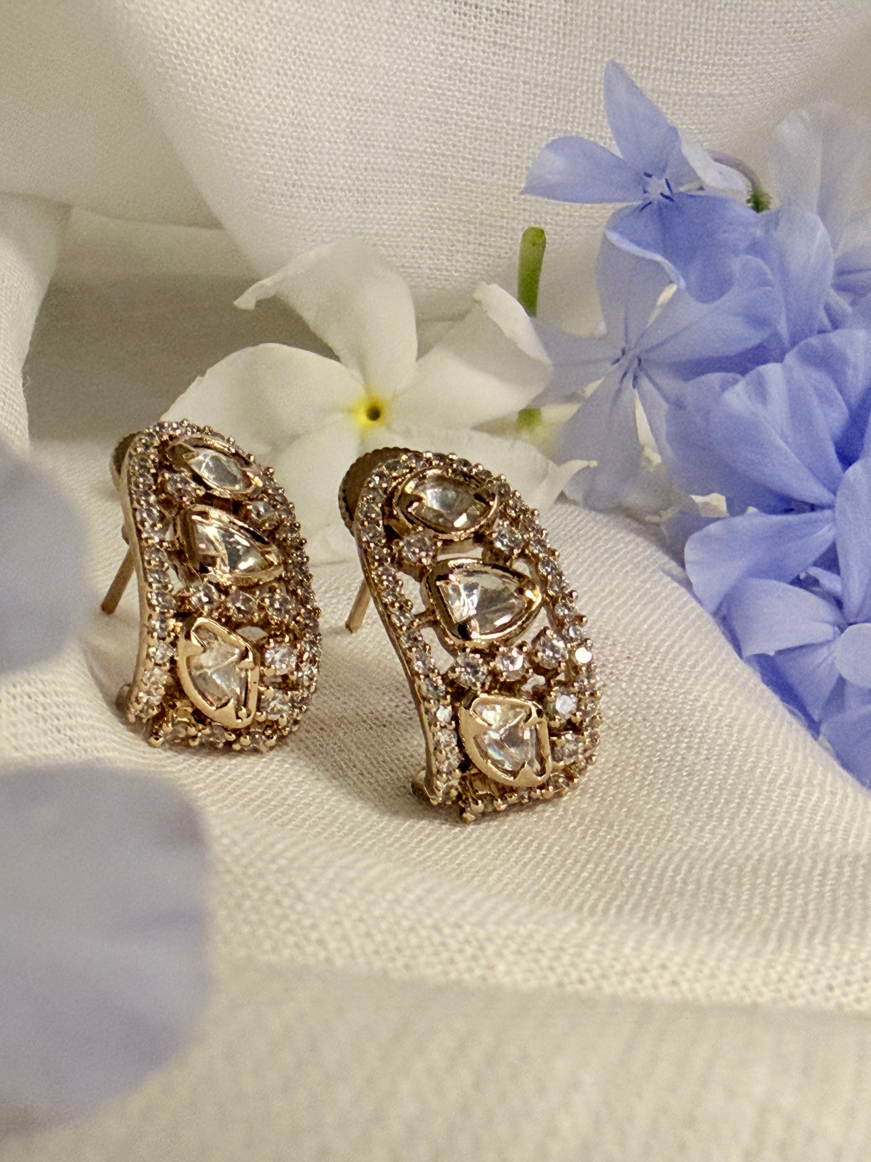 Chandra Curve Polki Hoop Stud Earrings – Antique Gold & Rose Gold Finish - Antique (1)
