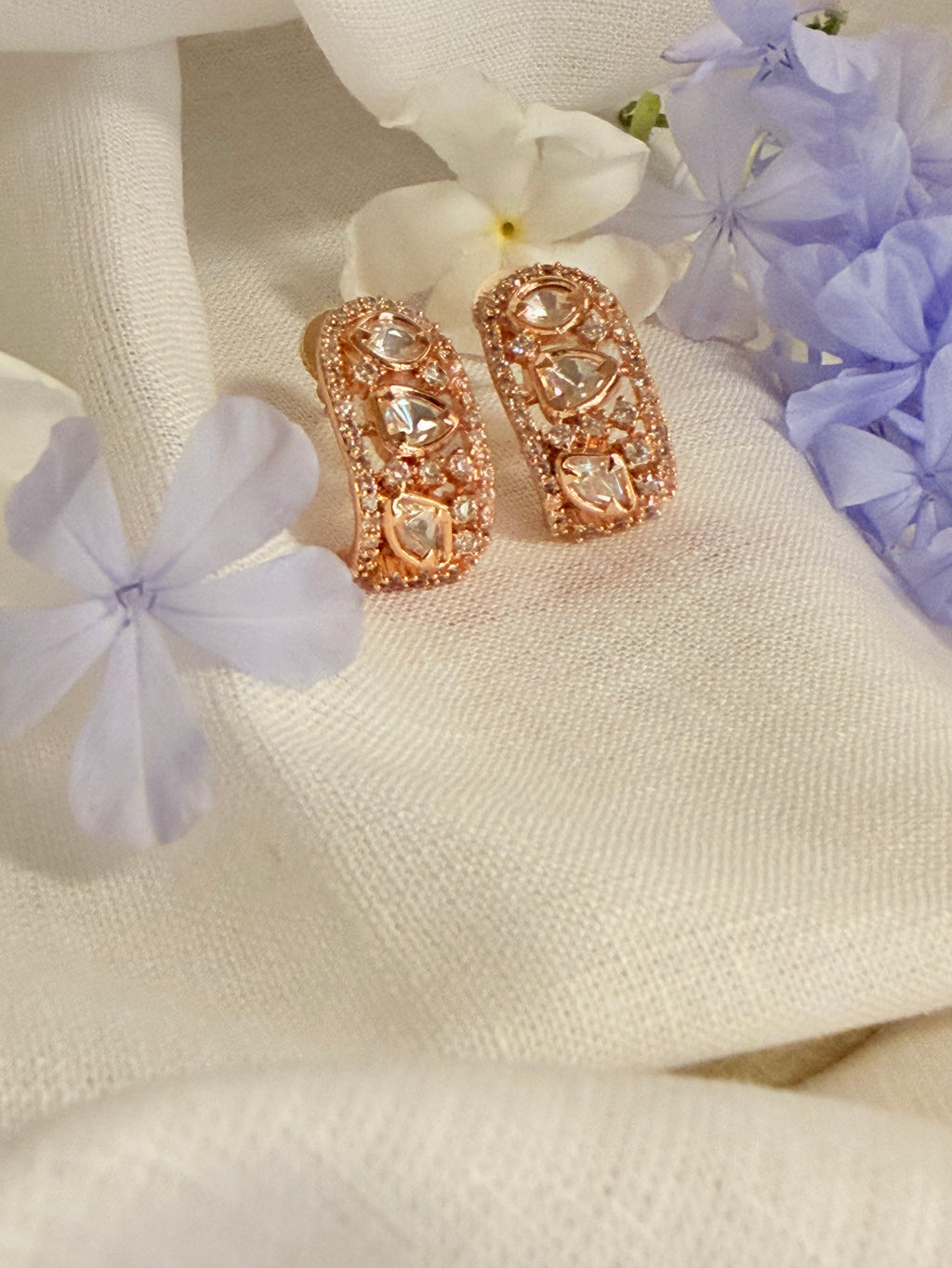 Chandra Curve Polki Hoop Stud Earrings – Antique Gold & Rose Gold Finish - Rose Gold (1)