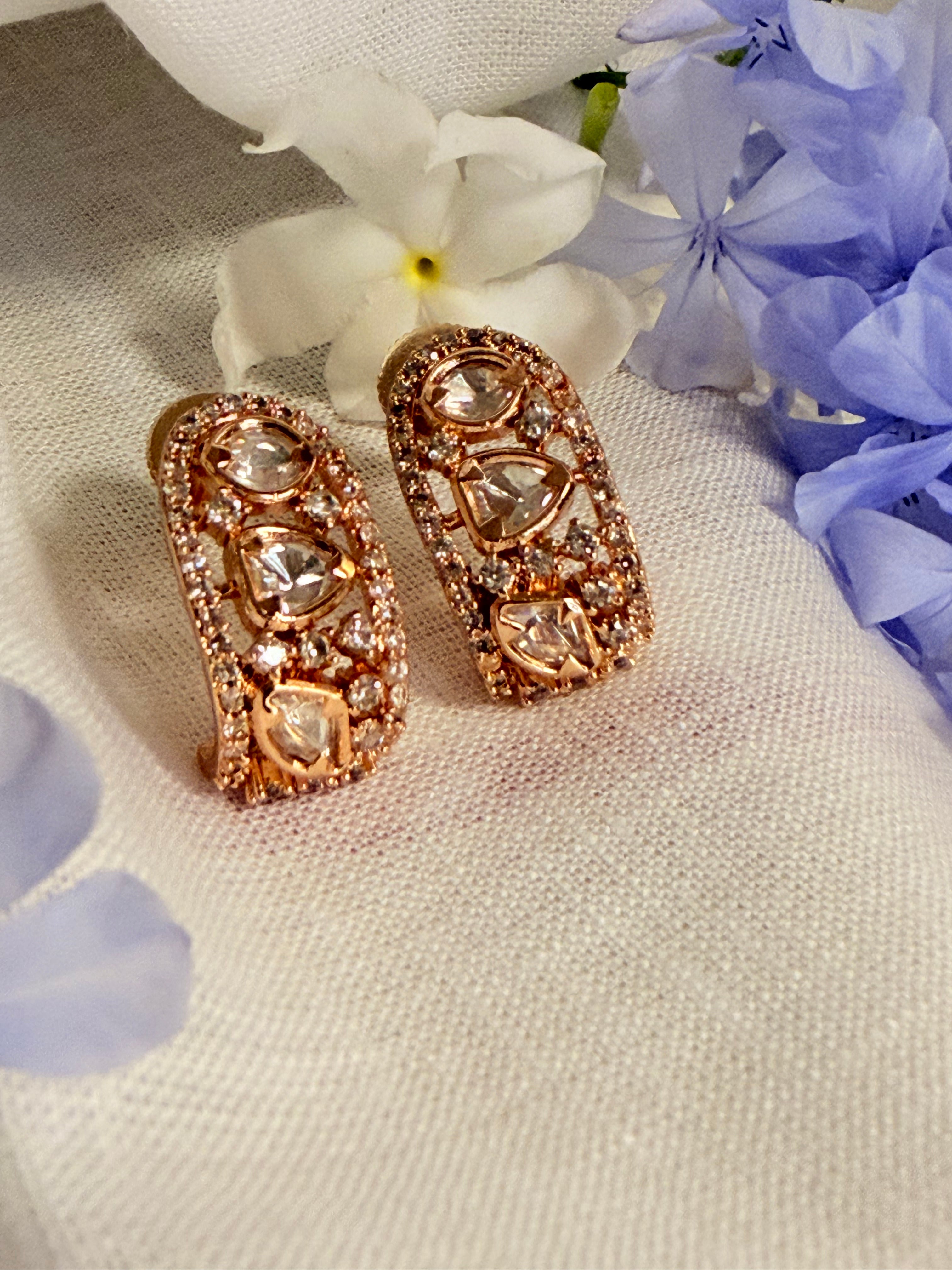 Chandra Curve Polki Hoop Stud Earrings – Antique Gold & Rose Gold Finish - Rose Gold (2)