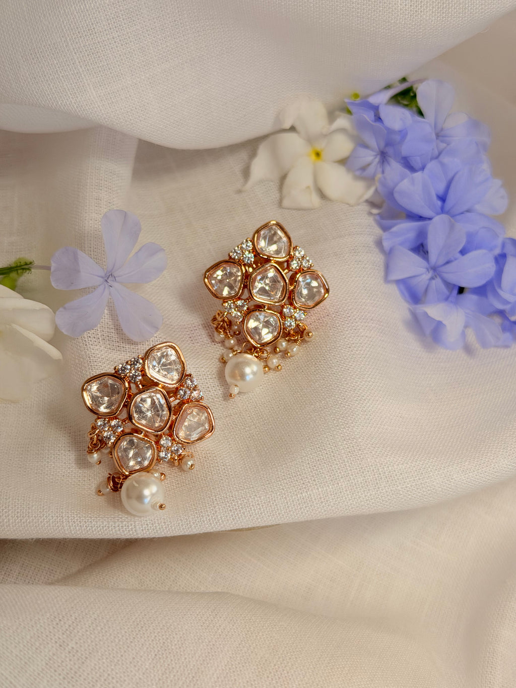 Mira Pearl Bloom Polki Stud Earrings – Rose Gold Finish - Mira Pearl Bloom Polki Stud Earrings – Rose Gold Finish (1)