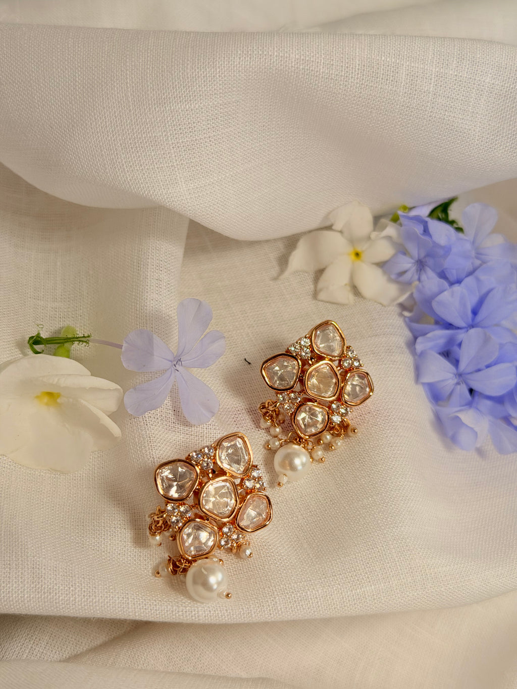 Mira Pearl Bloom Polki Stud Earrings – Rose Gold Finish - Mira Pearl Bloom Polki Stud Earrings – Rose Gold Finish (2)