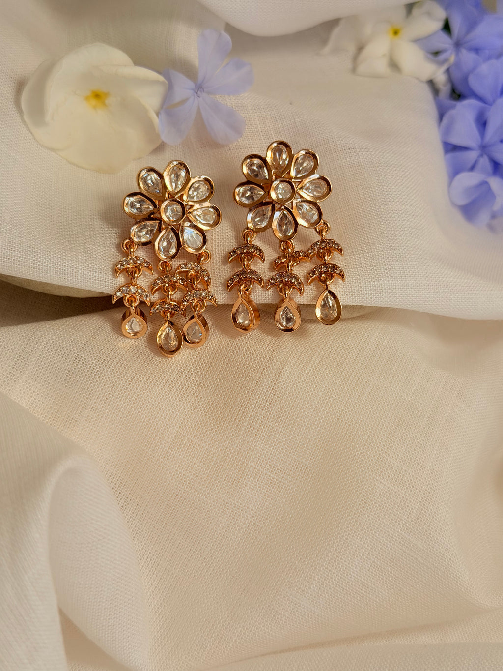 Vanya Blossom Polki Drop Earrings – Rose Gold Finish - Vanya Blossom Polki Drop Earrings – Rose Gold Finish (1)