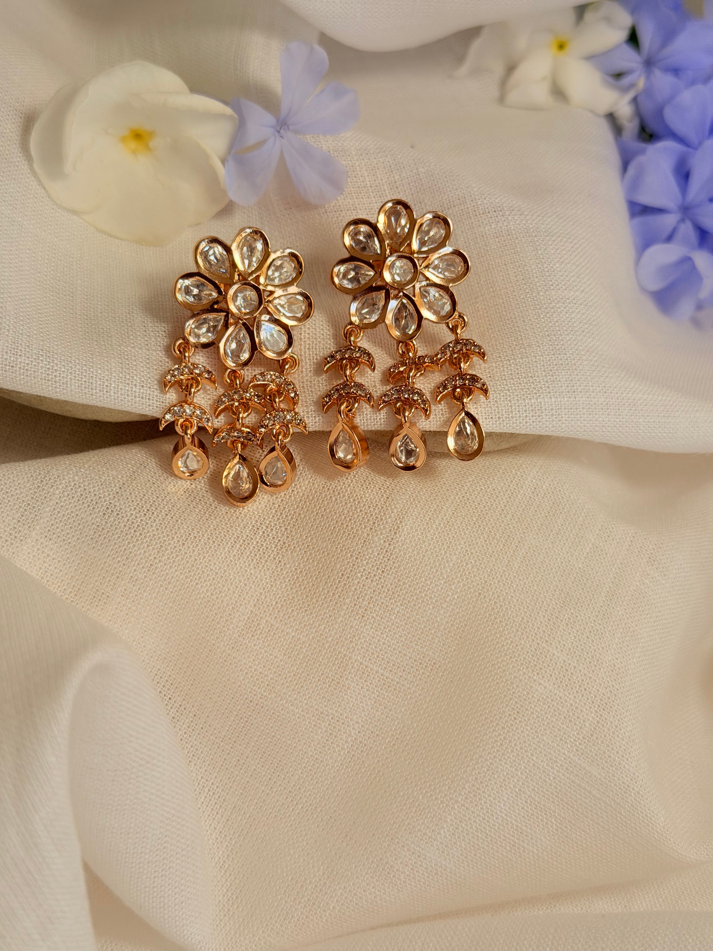Vanya Blossom Polki Drop Earrings – Rose Gold Finish - Vanya Blossom Polki Drop Earrings – Rose Gold Finish (1)