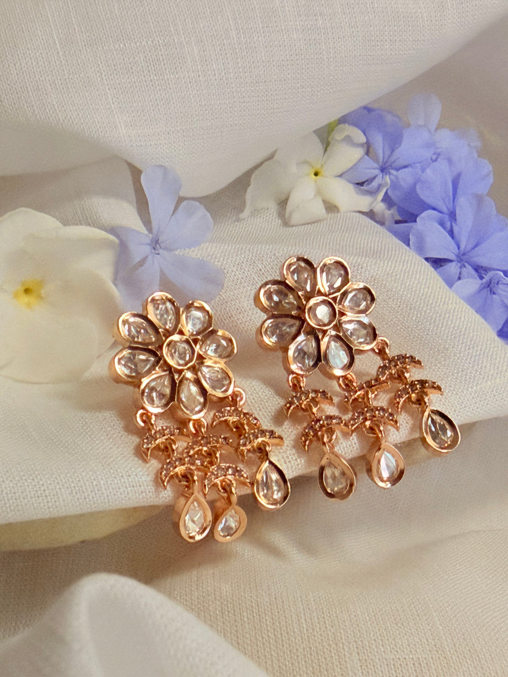 Vanya Blossom Polki Drop Earrings – Rose Gold Finish - Vanya Blossom Polki Drop Earrings – Rose Gold Finish (2)