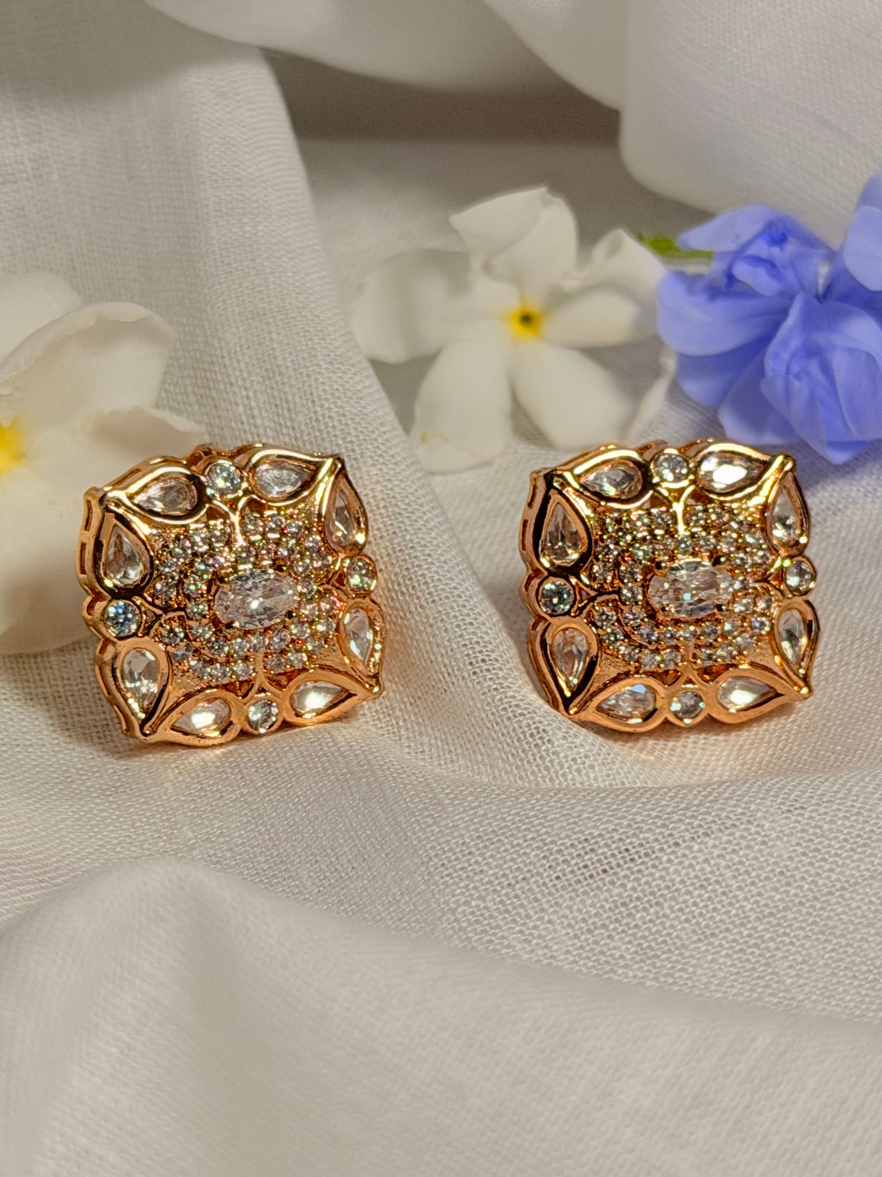 Jharini Polki Statement Stud Earrings – Rose Gold Finish - Jharini Polki Statement Stud Earrings – Rose Gold Finish (1)