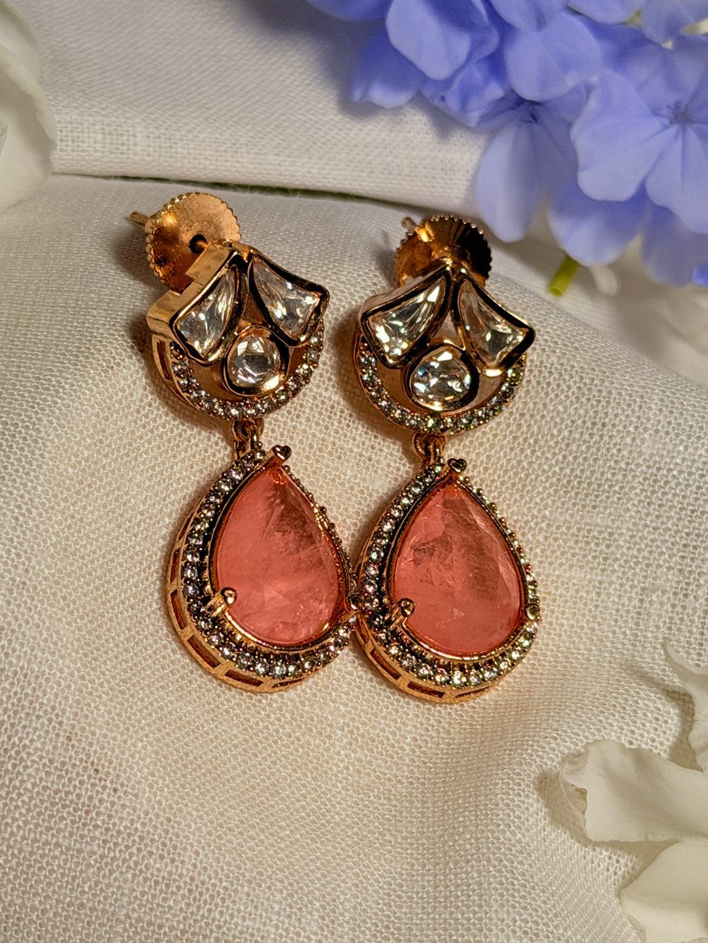 Nayara Polki Kundan Drop Earrings – Gold Finish Minimal Statement Earrings - Peach (1)