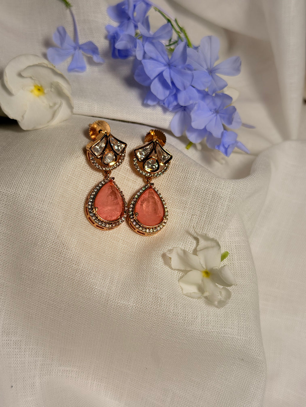 Nayara Polki Kundan Drop Earrings – Gold Finish Minimal Statement Earrings - Peach (2)