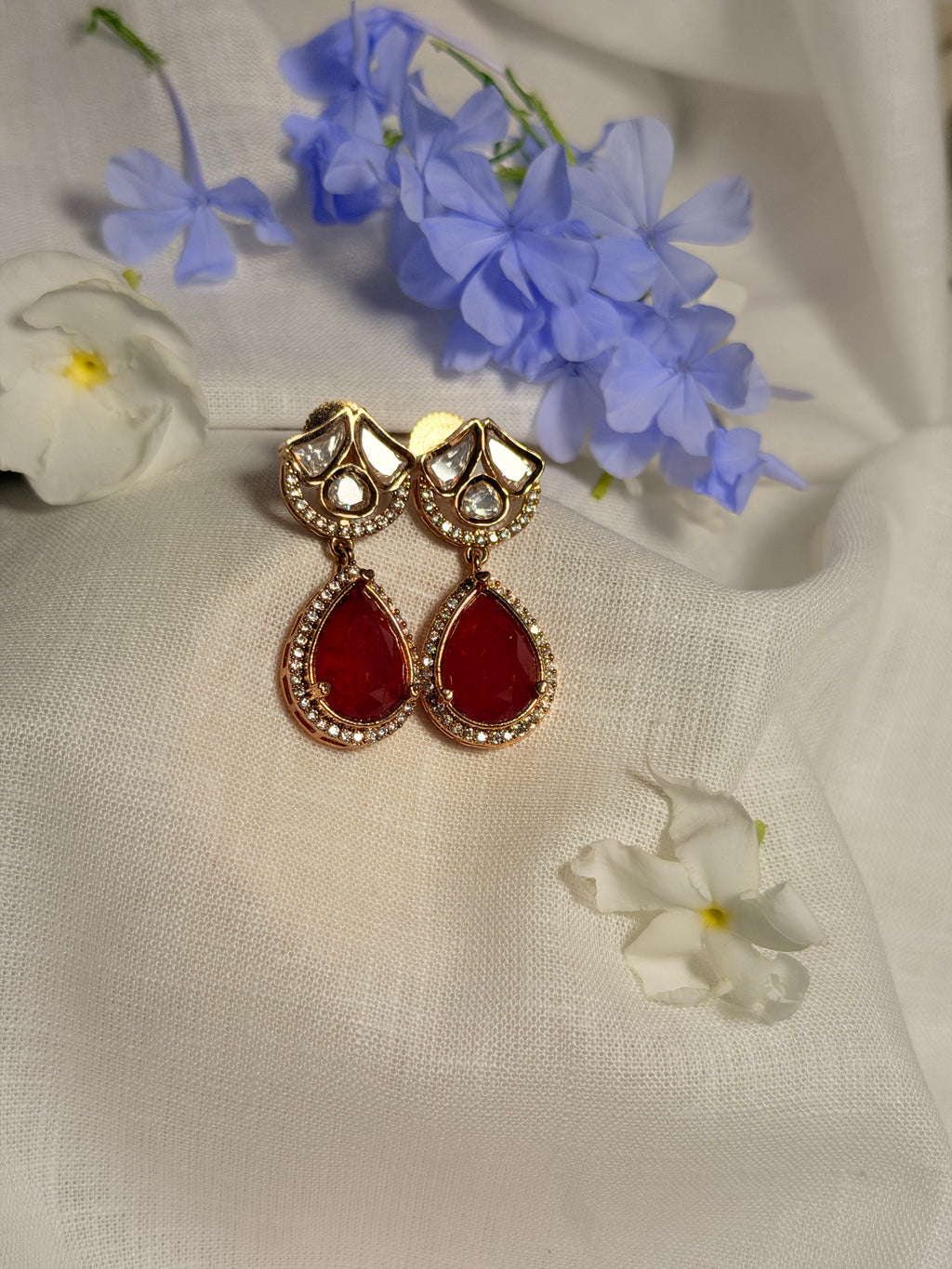 Nayara Polki Kundan Drop Earrings – Gold Finish Minimal Statement Earrings - Ruby (1)