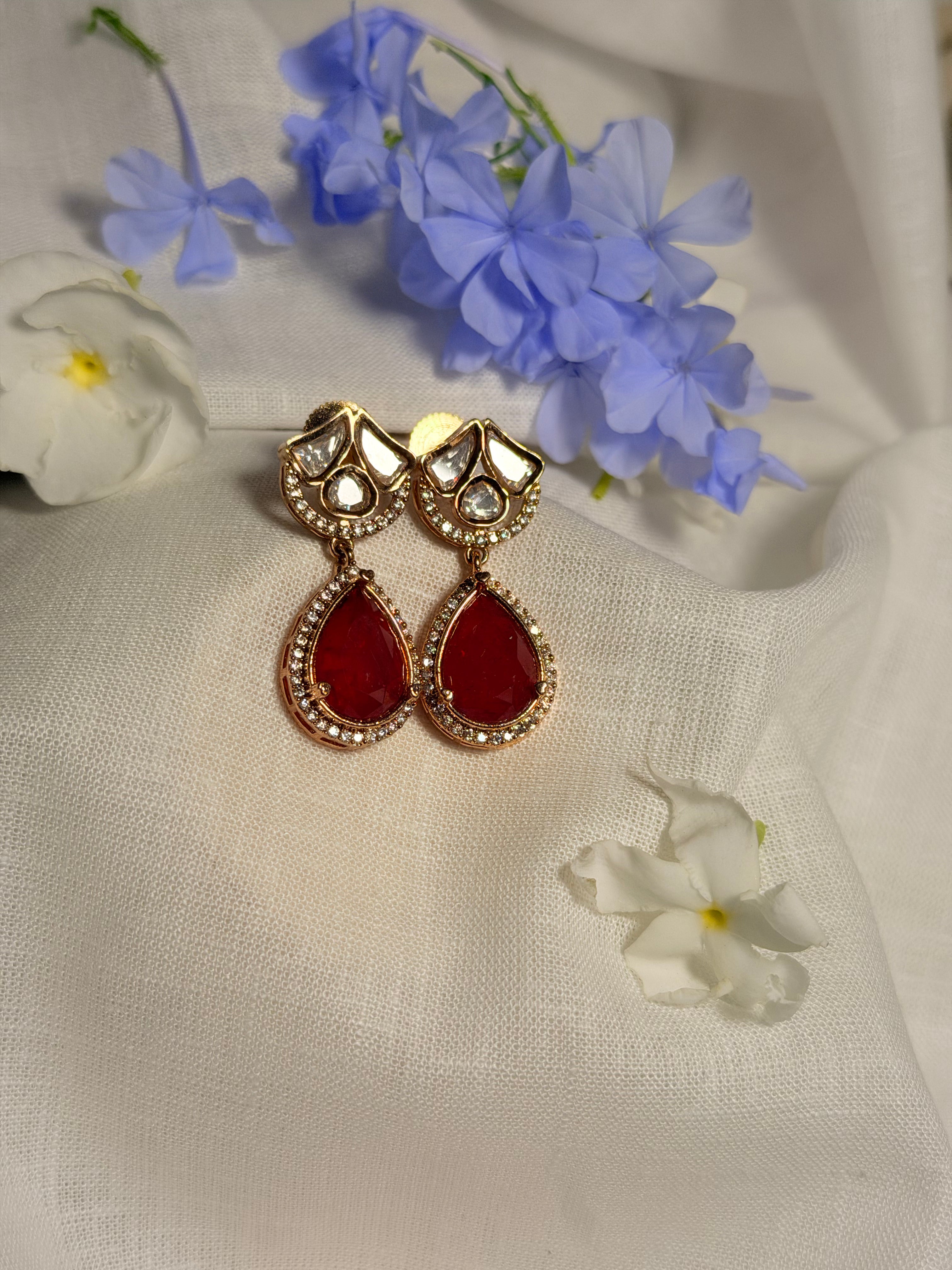 Nayara Polki Kundan Drop Earrings – Gold Finish Minimal Statement Earrings - Ruby (1)