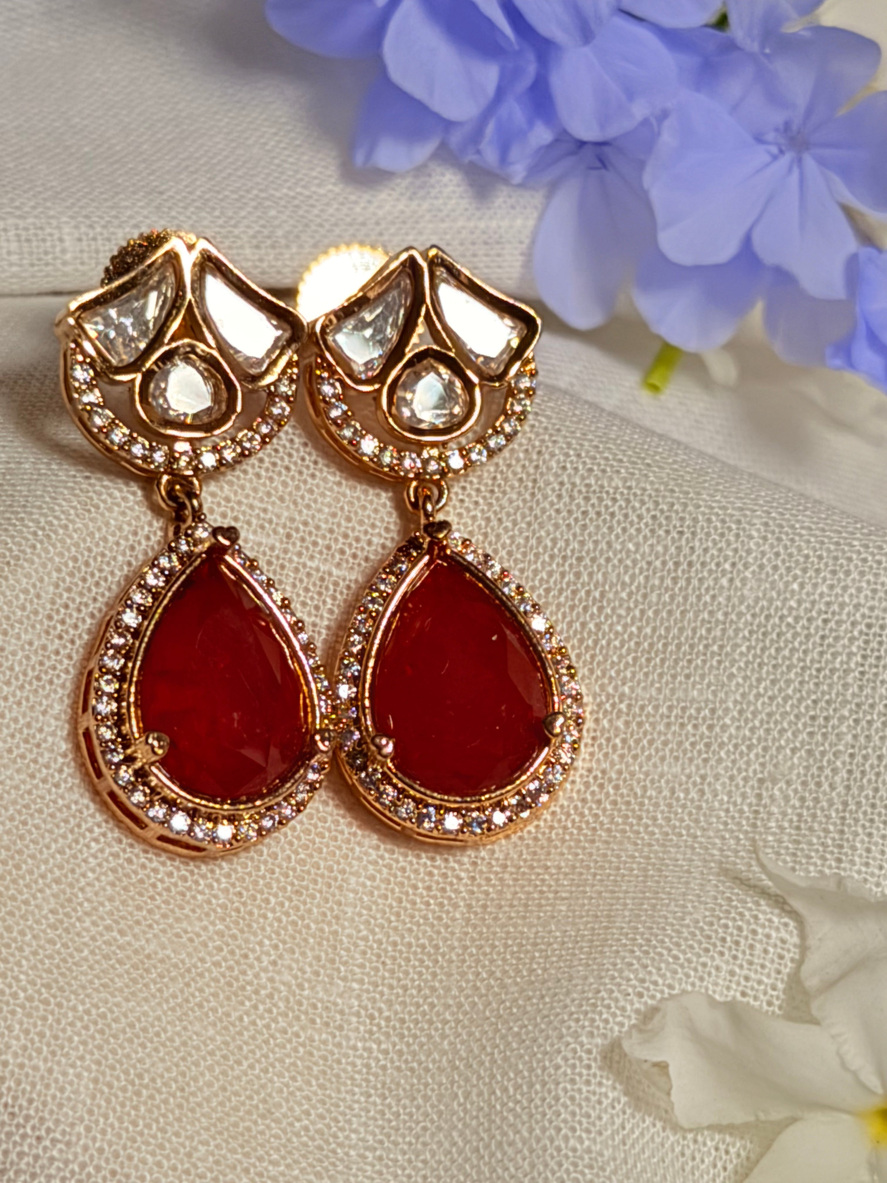 Nayara Polki Kundan Drop Earrings – Gold Finish Minimal Statement Earrings - Ruby (2)