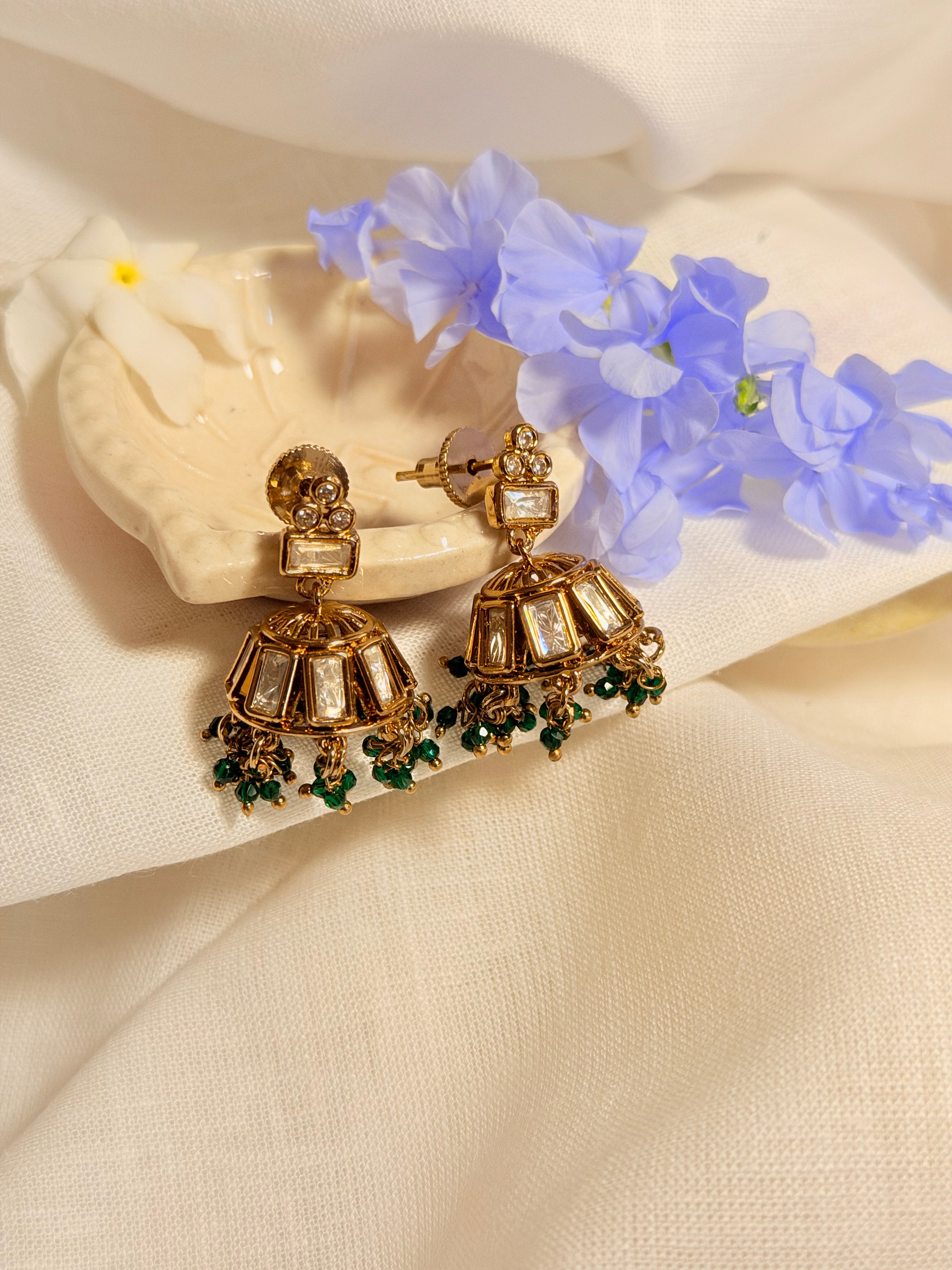 Kavira Kundan Jhumki Earrings – Antique Gold Finish Traditional Beaded Earrings - Green (1)