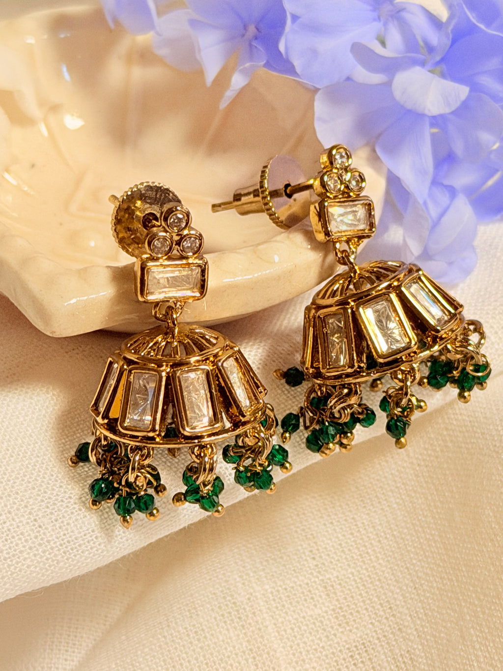 Kavira Kundan Jhumki Earrings – Antique Gold Finish Traditional Beaded Earrings - Green (2)