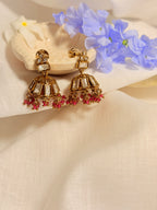 Kavira Kundan Jhumki Earrings – Antique Gold Finish Traditional Beaded Earrings - Pink (1)