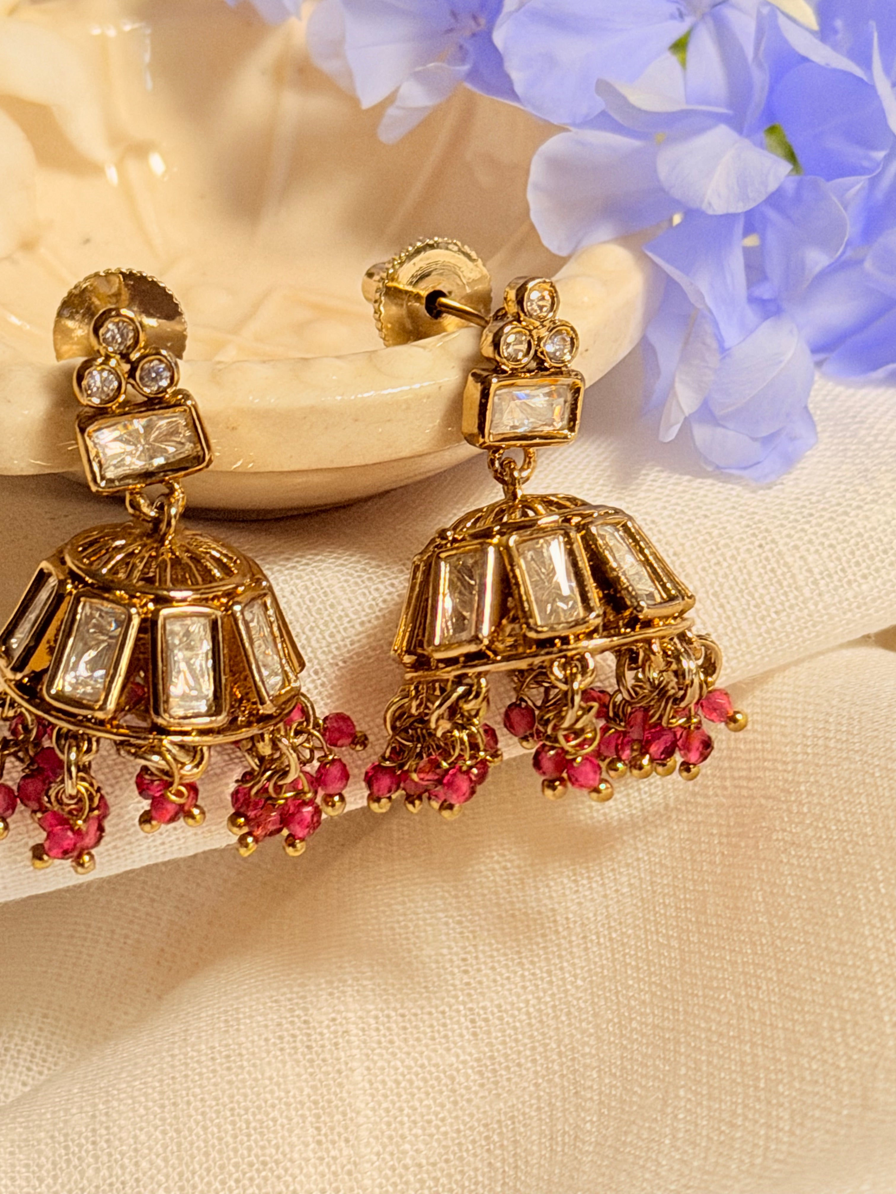 Kavira Kundan Jhumki Earrings – Antique Gold Finish Traditional Beaded Earrings - Pink (2)