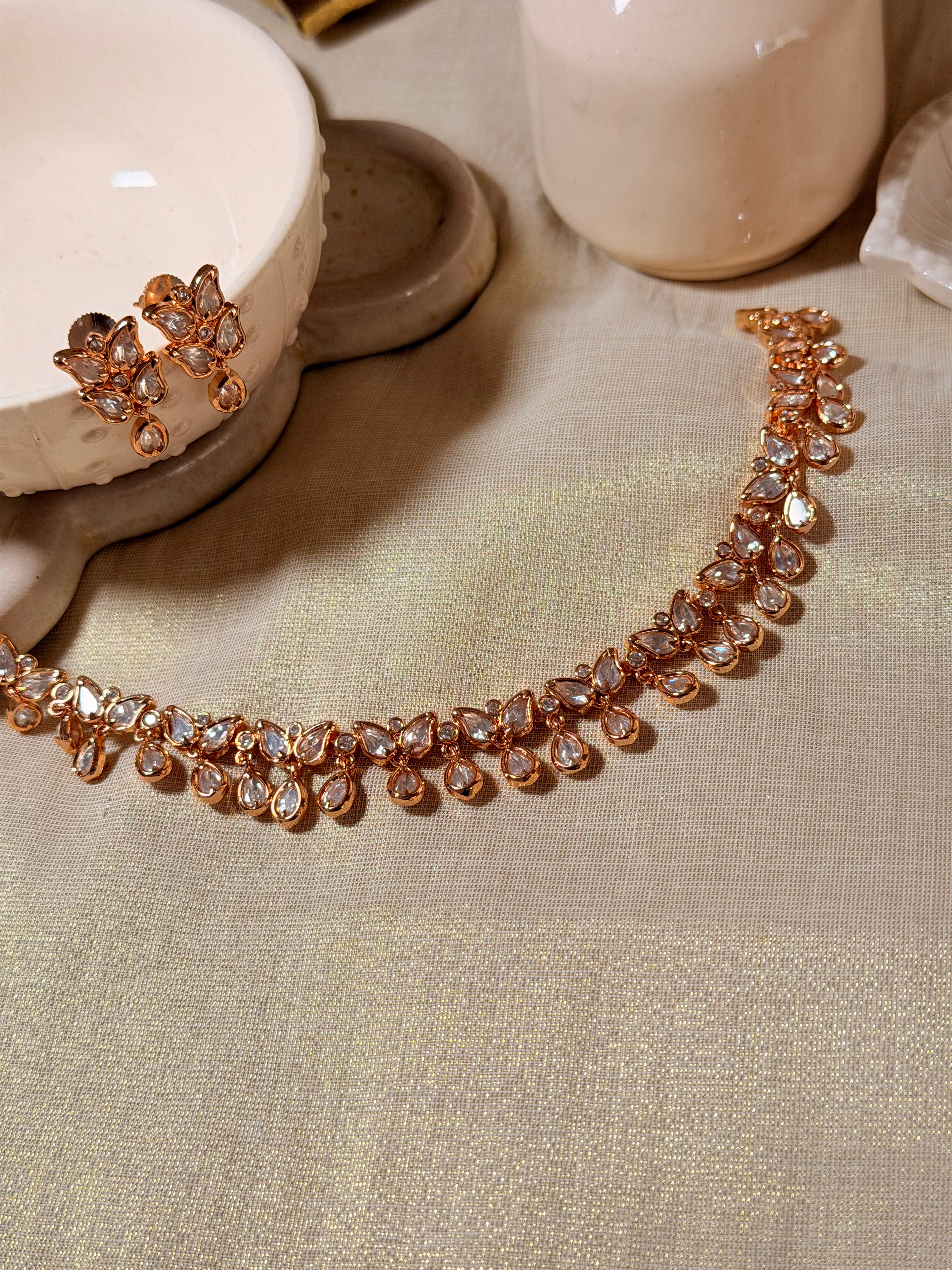 Butterfly Polki Kundan Choker Set with Earrings – Rosegold Finish - White (3)
