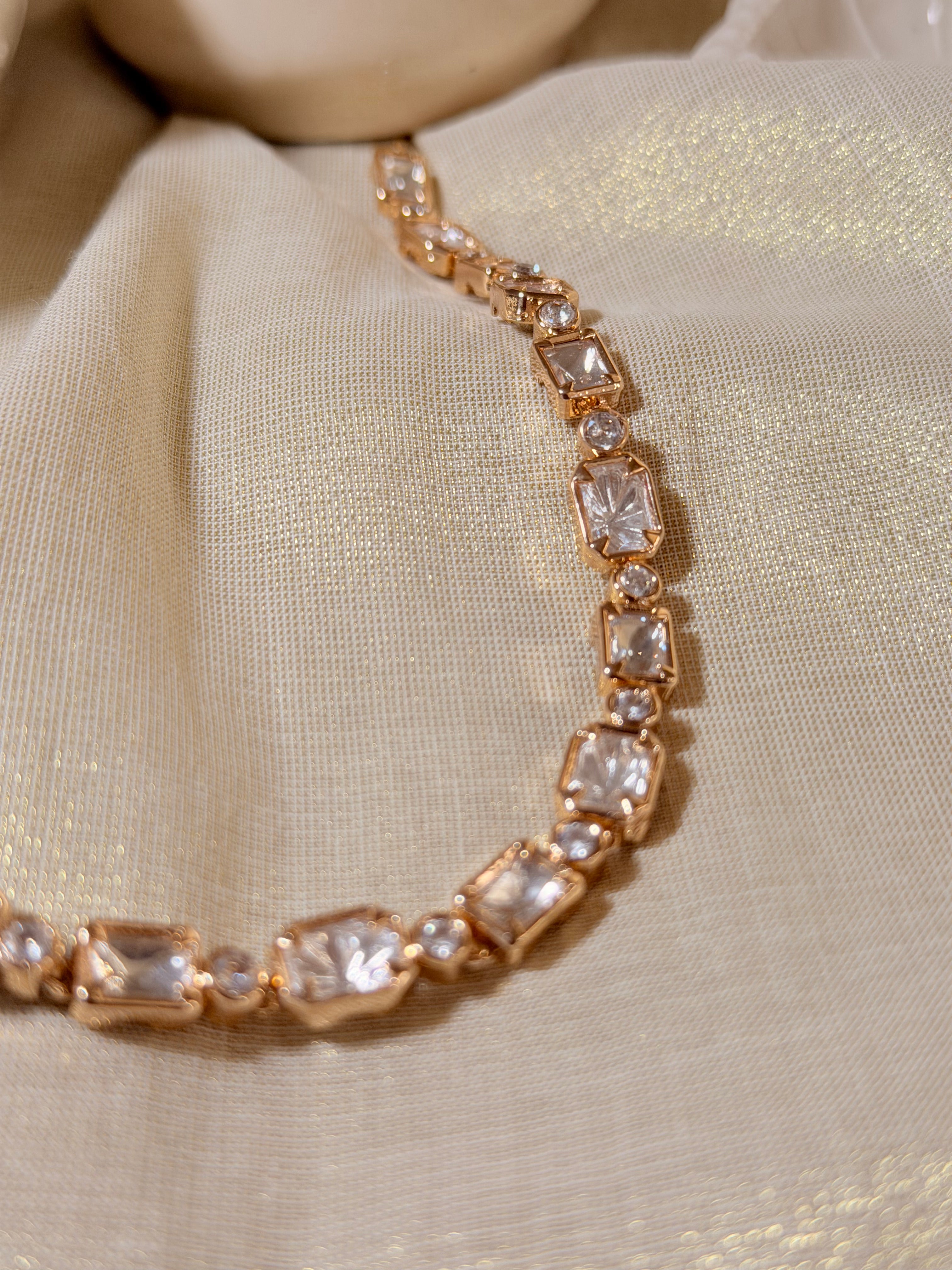 Square Polki Kundan Choker Necklace Set with Earrings – Rose Gold Finish - Square Polki Kundan Choker Necklace Set with Earrings – Rose Gold Finish (1)