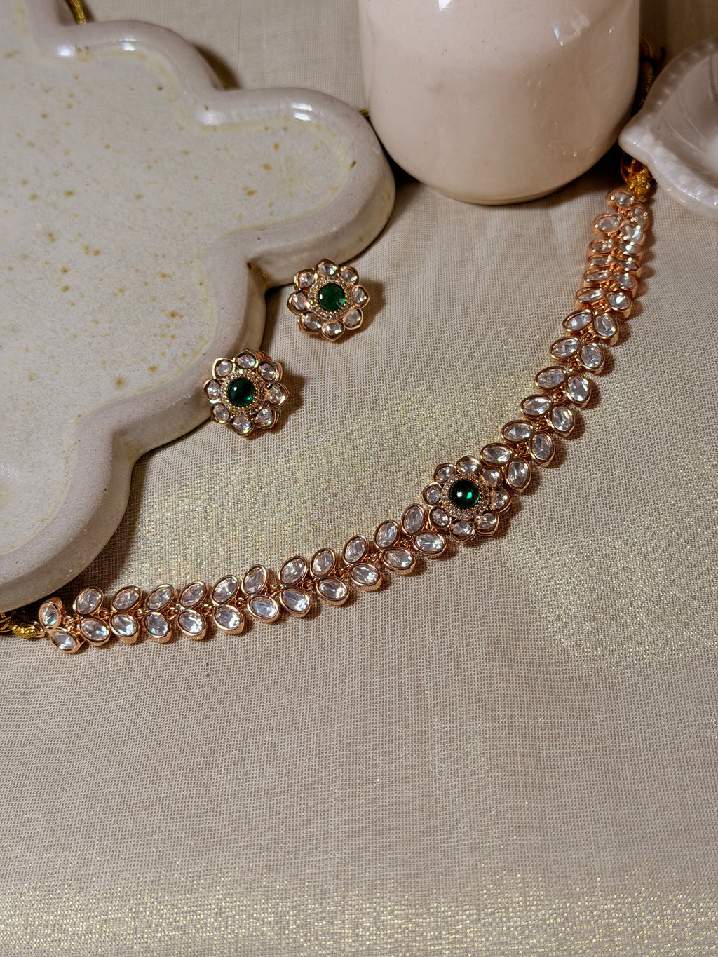 Emerald Green Floral Polki Kundan Choker Necklace Set with Matching Stud Earrings – Rose Gold Finish - Emerald Green Floral Polki Kundan Choker Necklace Set with Matching Stud Earrings – Rose Gold Finish (2)