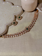 Emerald Green Floral Polki Kundan Choker Necklace Set with Matching Stud Earrings – Rose Gold Finish - Emerald Green Floral Polki Kundan Choker Necklace Set with Matching Stud Earrings – Rose Gold Finish (2)