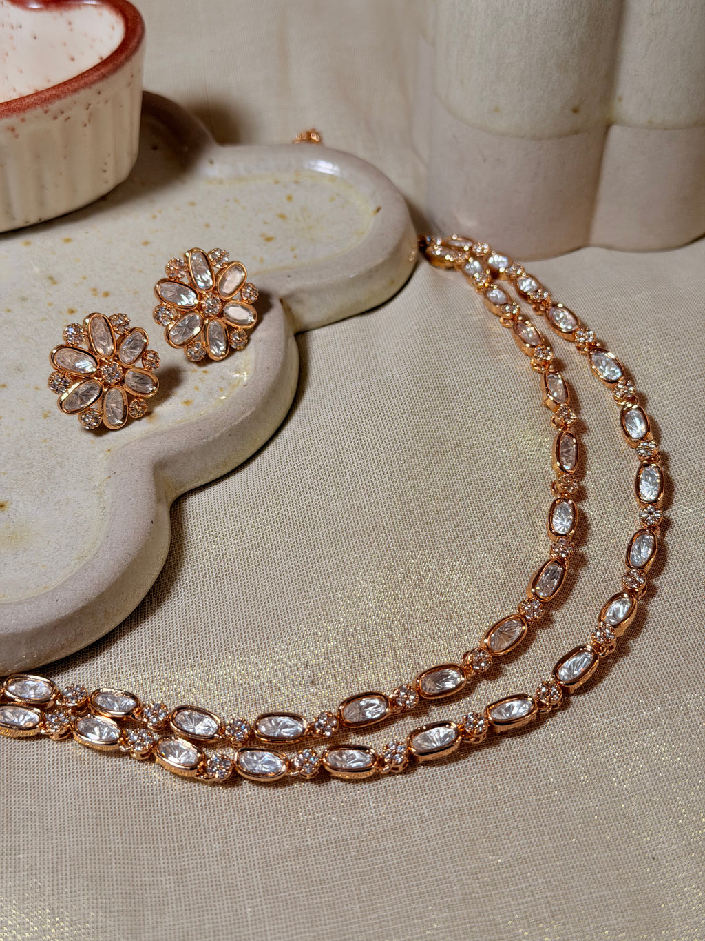 Ivory Polki Double Layer Choker Necklace Set with Floral Stud Earrings – Rose Gold Finish - Ivory Polki Double Layer Choker Necklace Set with Floral Stud Earrings – Rose Gold Finish (1)