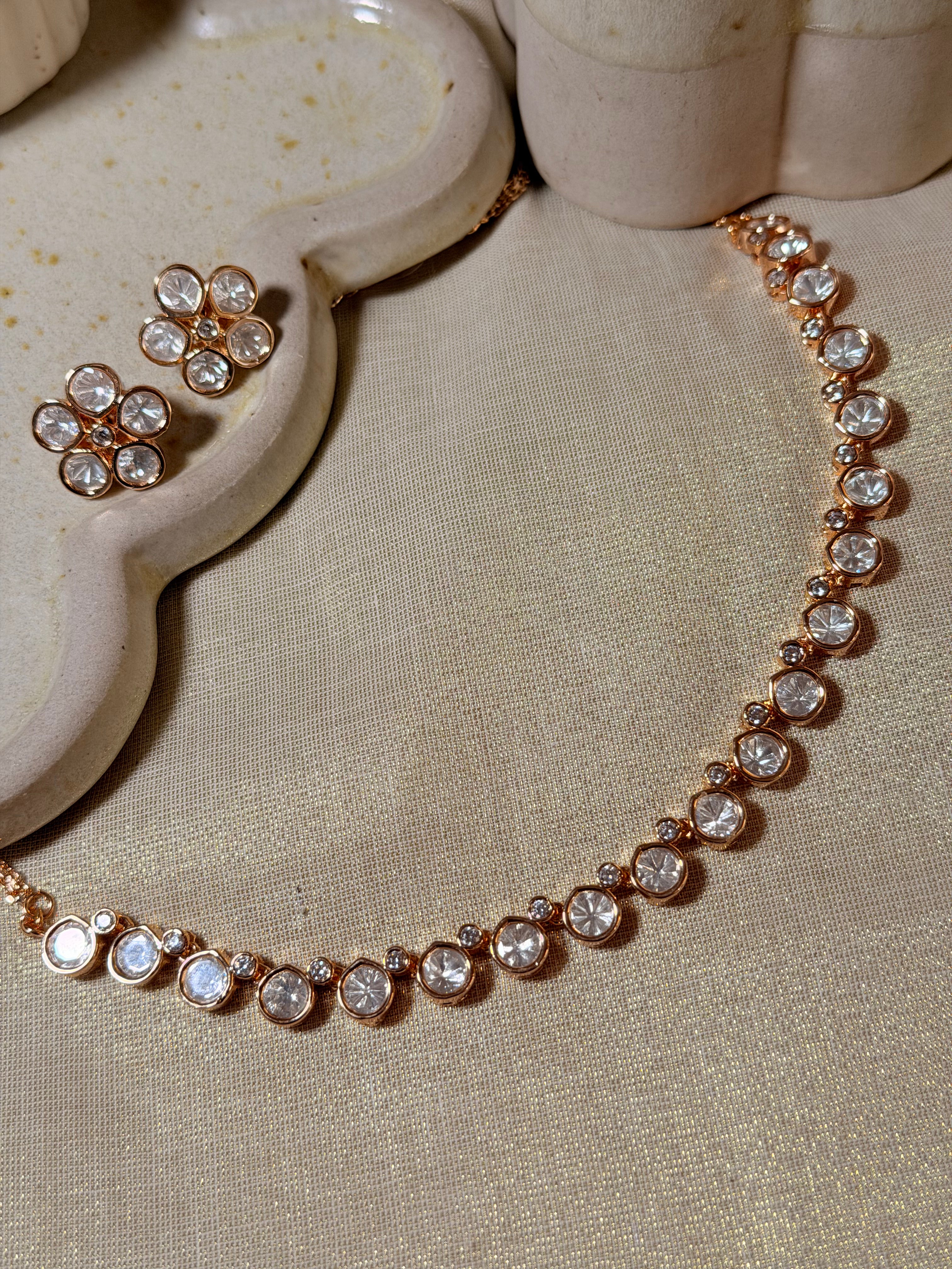 Classic Ivory Polki Kundan Choker Necklace Set with Floral Stud Earrings – Rose Gold Finish - Classic Ivory Polki Kundan Choker Necklace Set with Floral Stud Earrings – Rose Gold Finish (2)