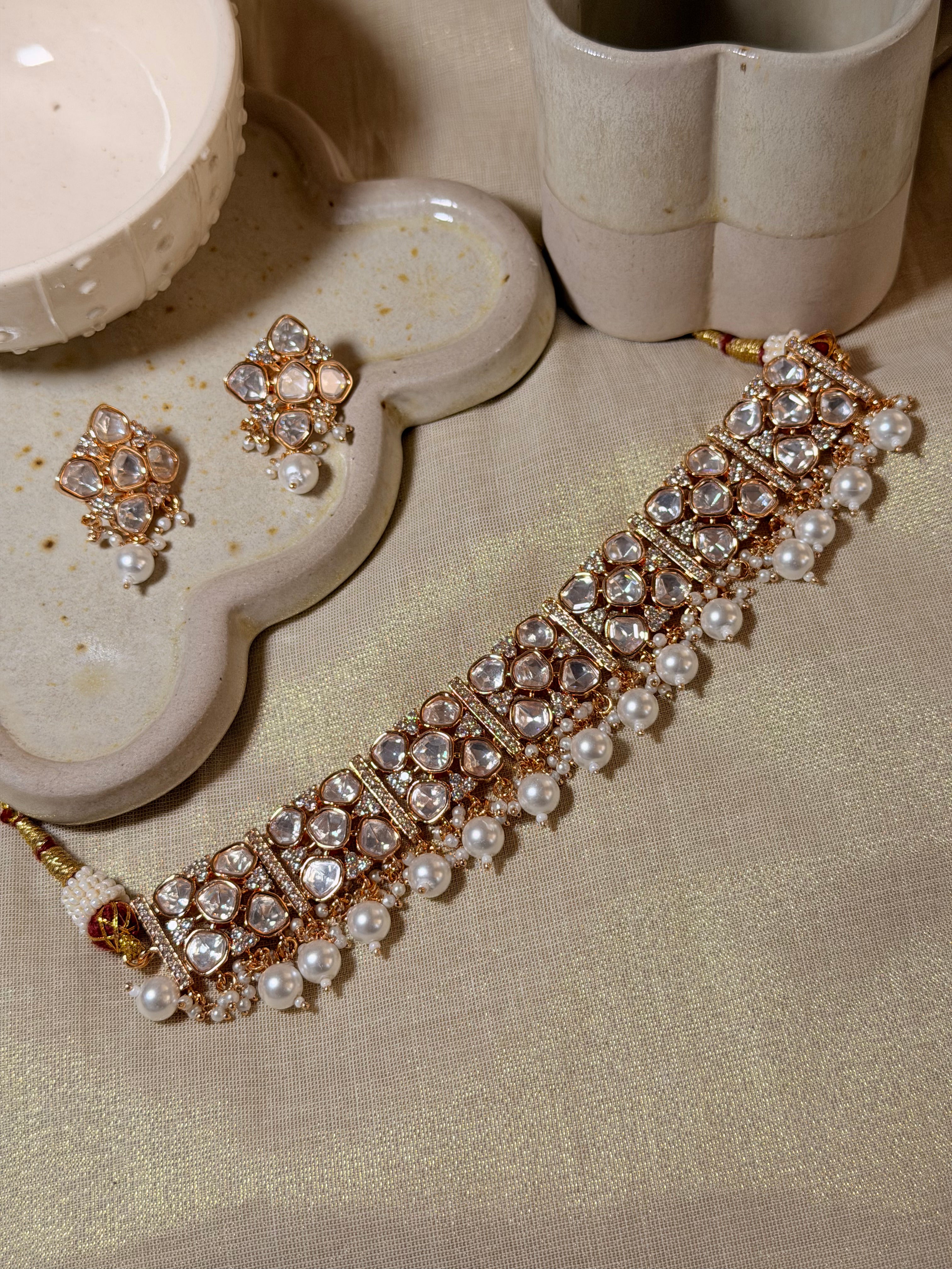 Royal Ivory Pearl Polki Kundan Choker Necklace Set with Matching Earrings – Rose Gold Finish - Royal Ivory Pearl Polki Kundan Choker Necklace Set with Matching Earrings – Rose Gold Finish (1)