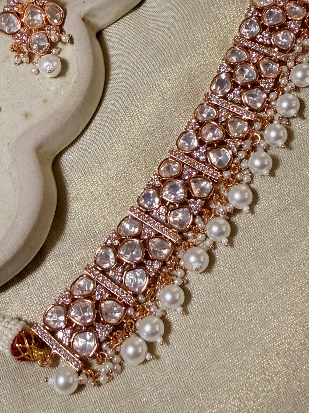 Royal Ivory Pearl Polki Kundan Choker Necklace Set with Matching Earrings – Rose Gold Finish - Royal Ivory Pearl Polki Kundan Choker Necklace Set with Matching Earrings – Rose Gold Finish (2)
