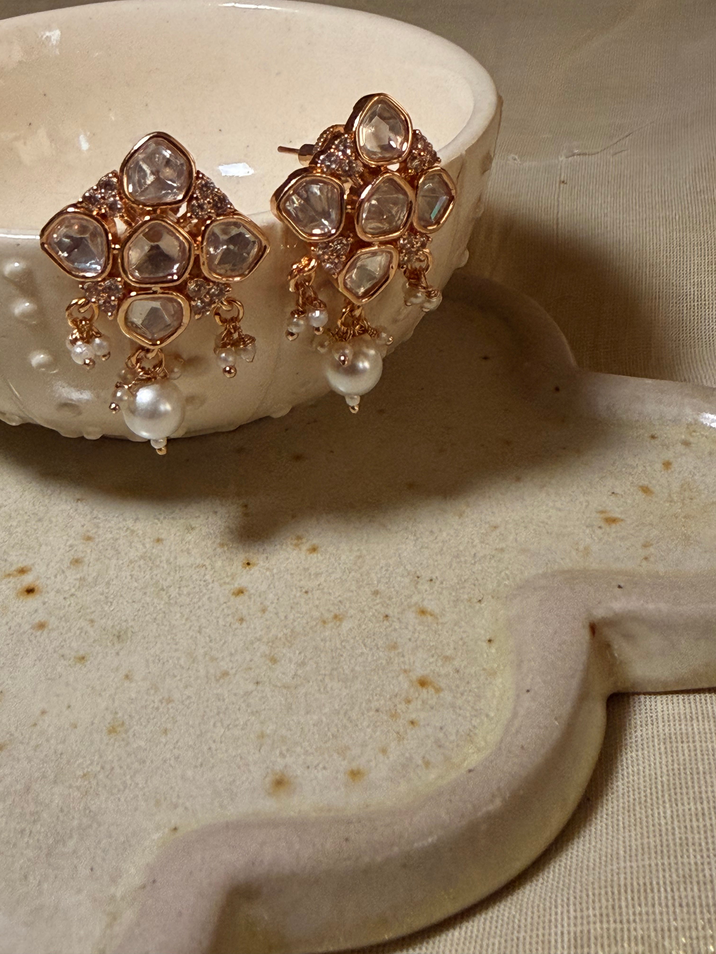 Royal Ivory Pearl Polki Kundan Choker Necklace Set with Matching Earrings – Rose Gold Finish - Royal Ivory Pearl Polki Kundan Choker Necklace Set with Matching Earrings – Rose Gold Finish (3)