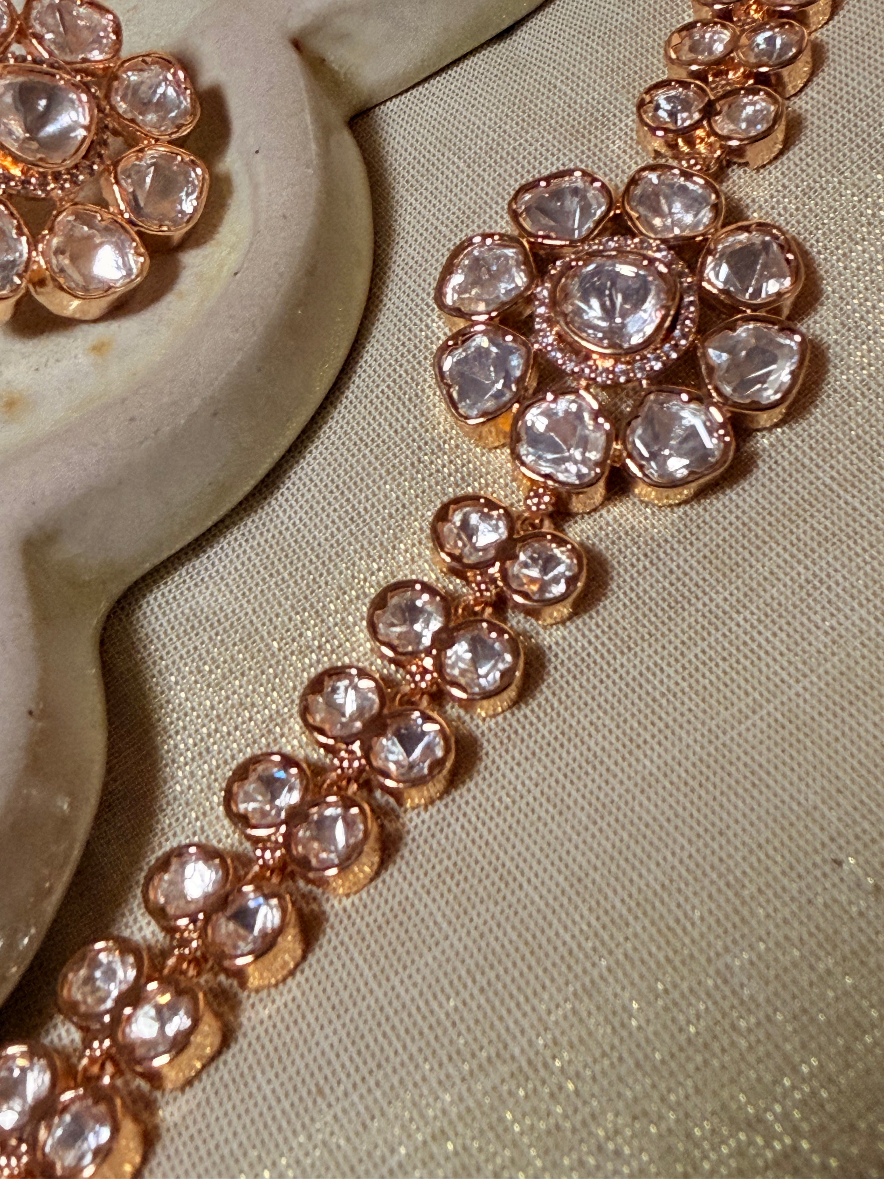 Royal Floral Polki Kundan Choker Necklace Set with Statement Stud Earrings – Rose Gold Finish - Royal Floral Polki Kundan Choker Necklace Set with Statement Stud Earrings – Rose Gold Finish (3)