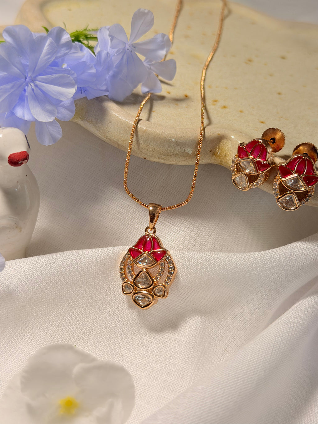 Ruby Pink Floral Polki Pendant Necklace Set with Matching Stud Earrings – Rose Gold Finish - Ruby Pink Floral Polki Pendant Necklace Set with Matching Stud Earrings – Rose Gold Finish (2)